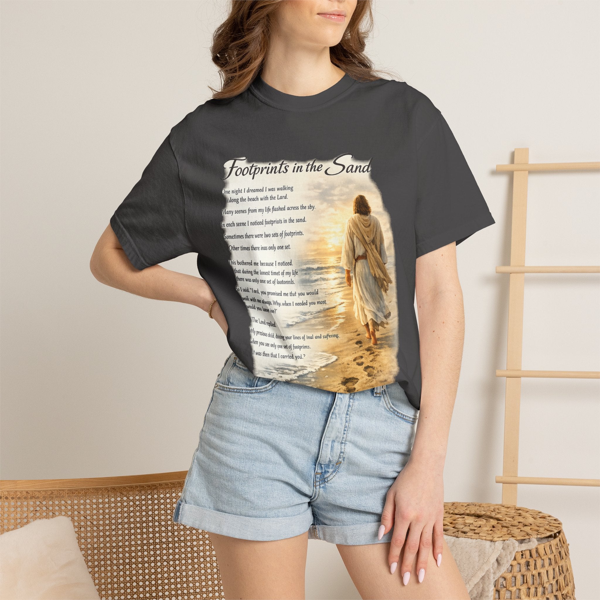 Footprints in the Sand Christian T-Shirt – Inspirational Jesus Poem Tee