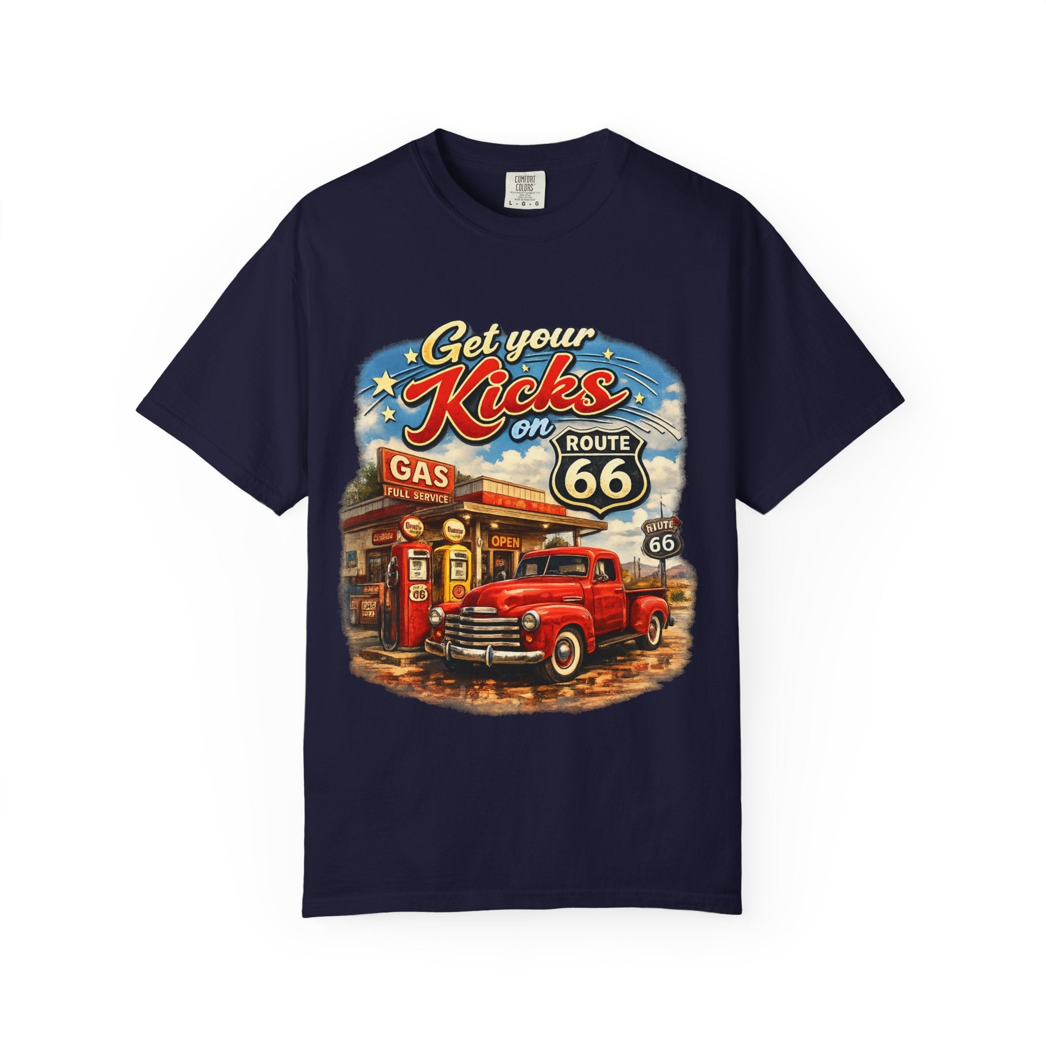 Route 66 Retro T-Shirt — "Get Your Kicks on Route 66" Vintage Gas Station Tee