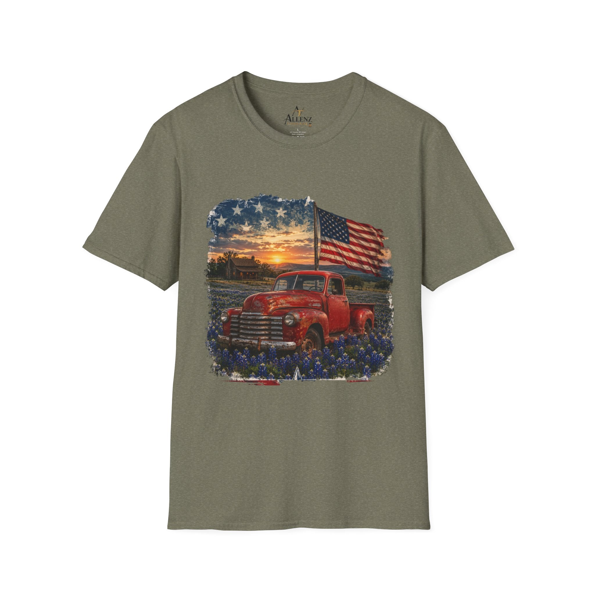 American Vintage Truck T-Shirt — Flag Sunset Patriotic Tee