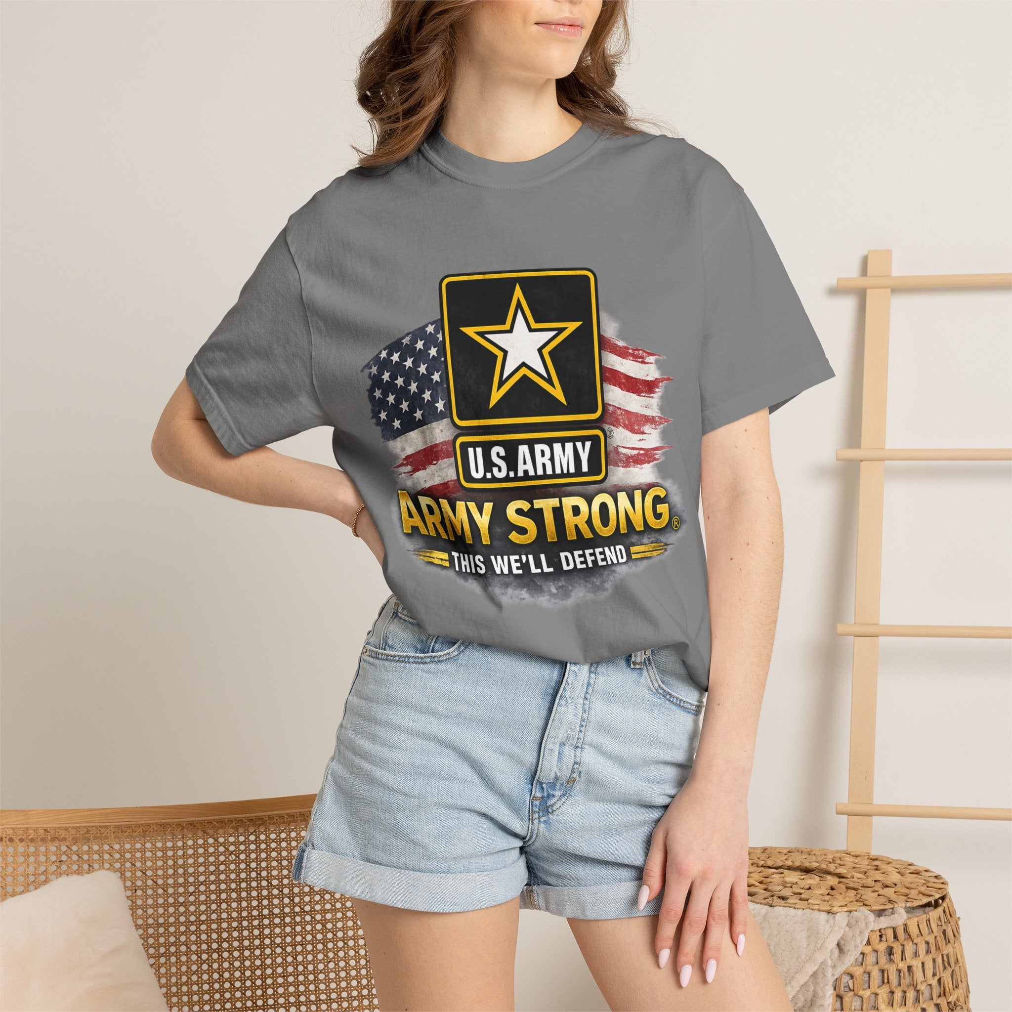 Army Strong T‑Shirt — U.S. Army Logo with American Flag ("This We'll Defend")