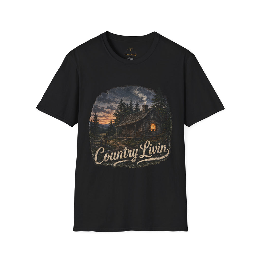 Country Livin' Cabin T‑Shirt — Rustic Sunset Woodlands Graphic Tee