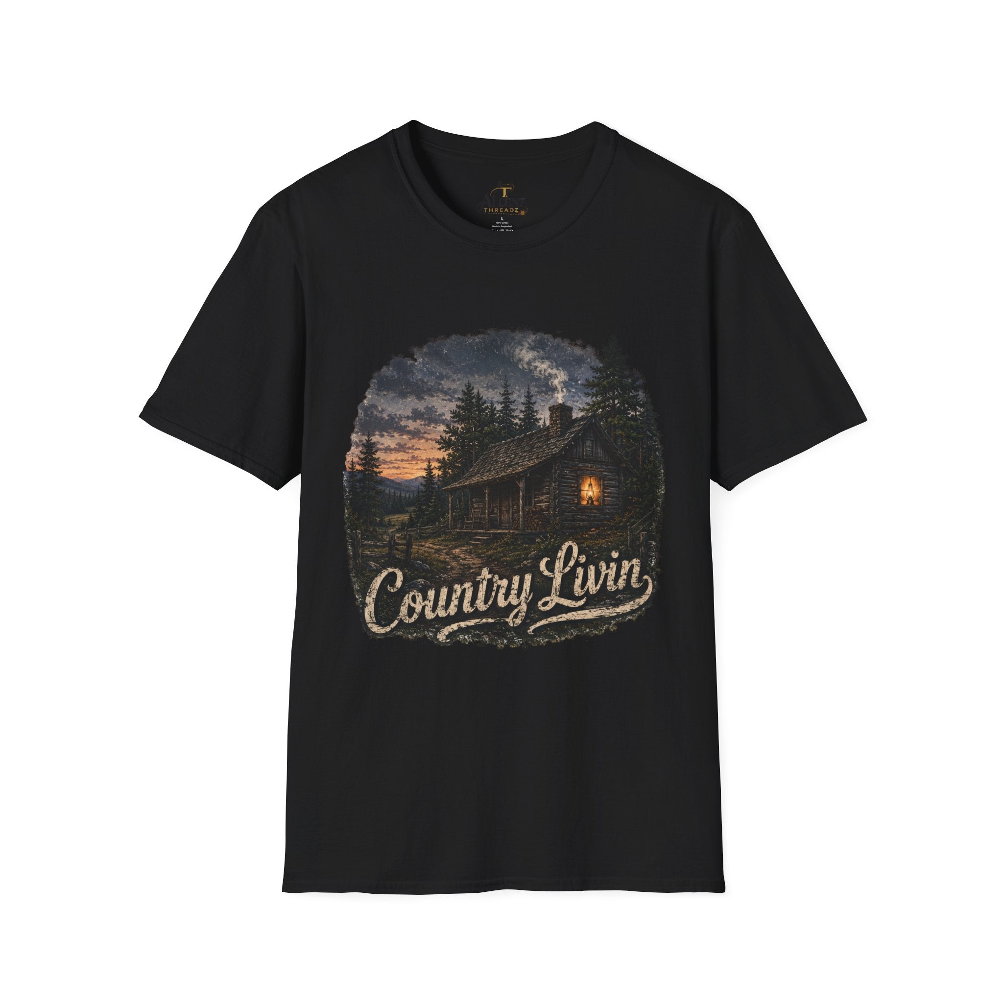 Country Livin' Cabin T‑Shirt — Rustic Sunset Woodlands Graphic Tee