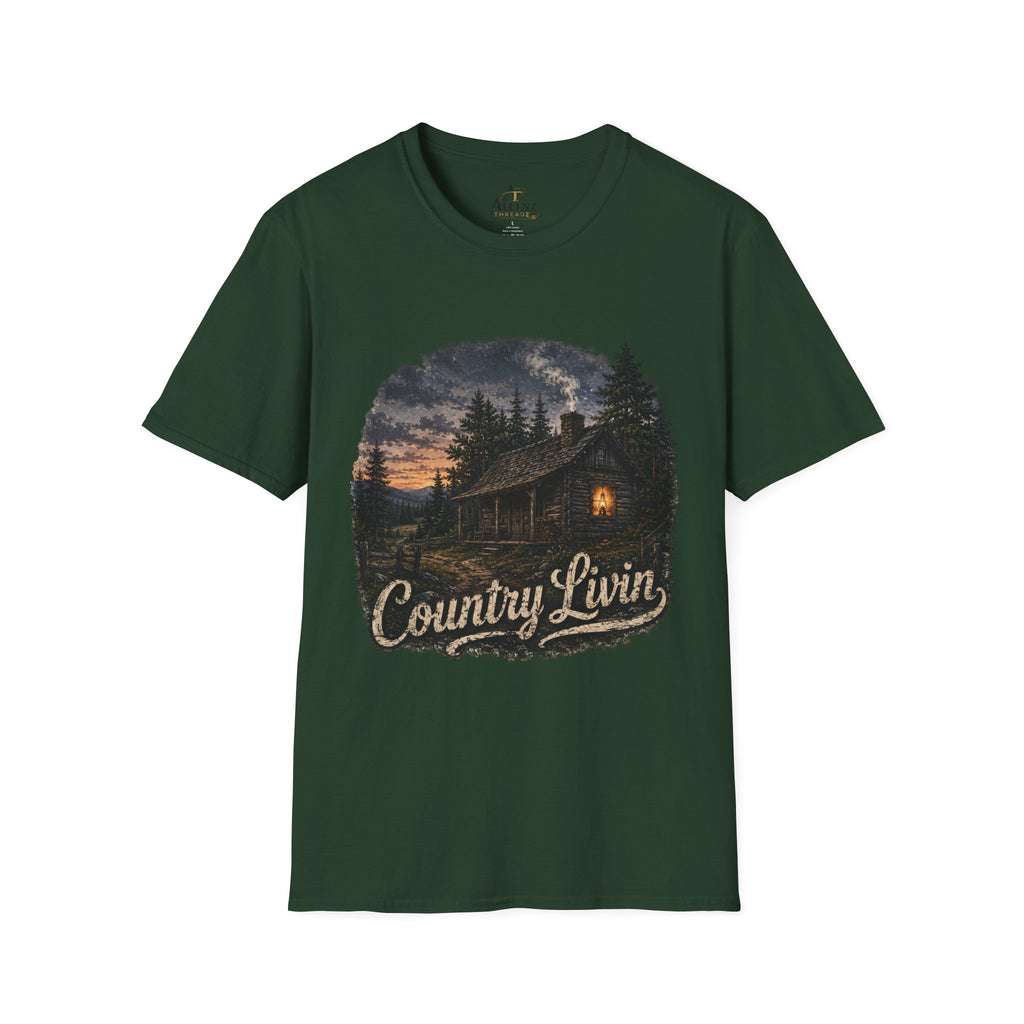 Country Livin' Cabin T‑Shirt — Rustic Sunset Woodlands Graphic Tee