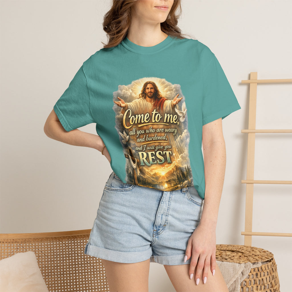 Come to Me Christian T-Shirt — "Come to me... and I will give you REST" Religious Faith Tee