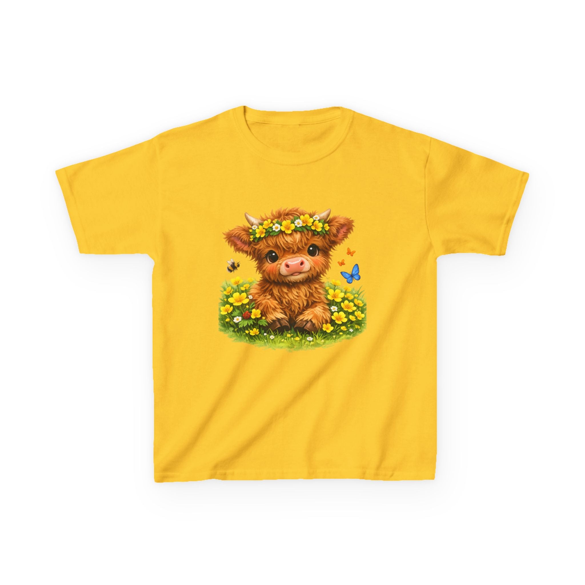 Cute Highland Calf Kids T‑Shirt — Floral Crown, Butterflies & Sunshine Tee