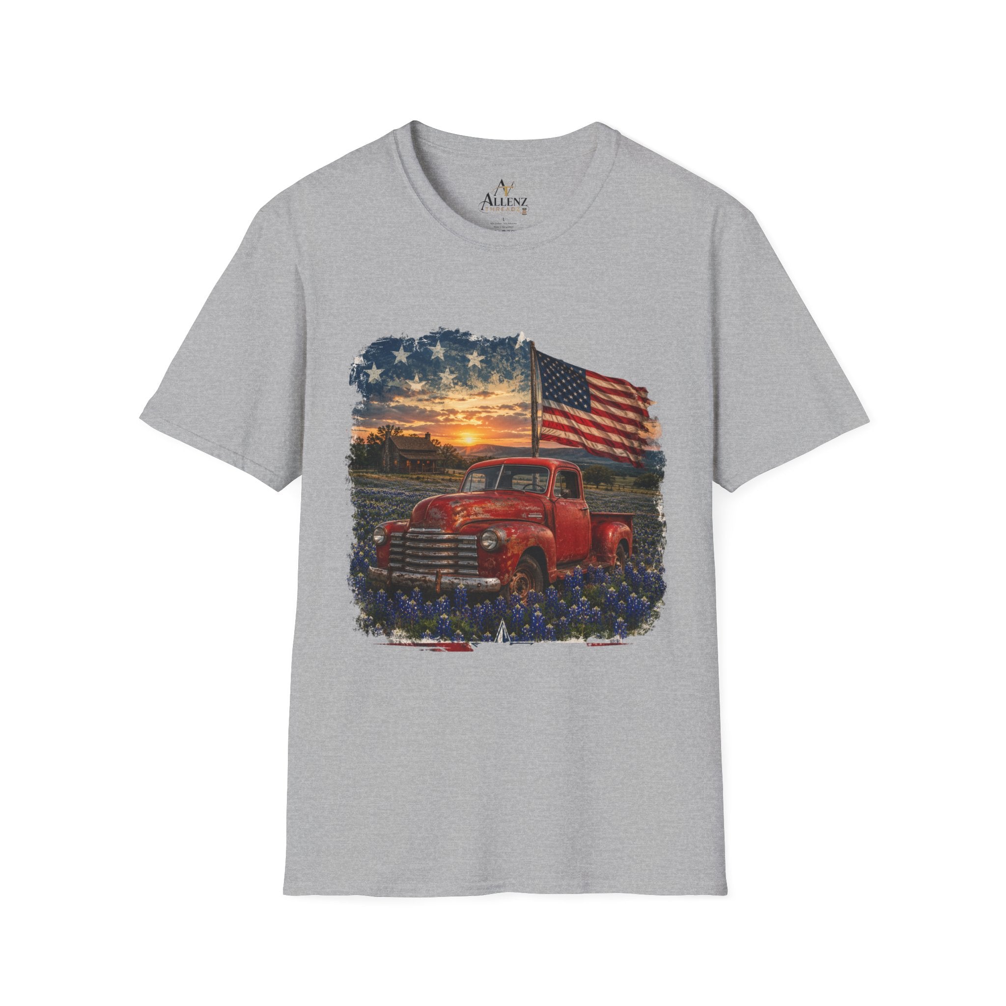 American Vintage Truck T-Shirt — Flag Sunset Patriotic Tee