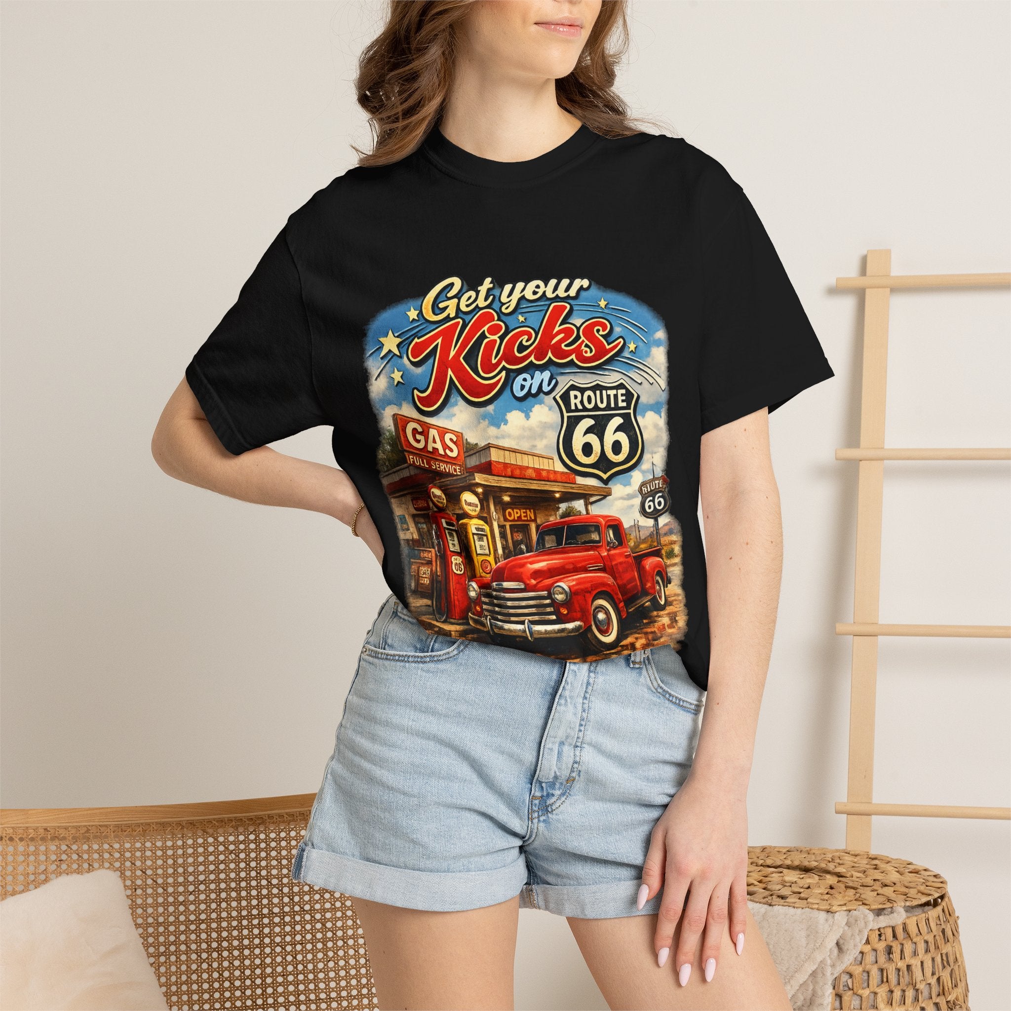 Route 66 Retro T-Shirt — "Get Your Kicks on Route 66" Vintage Gas Station Tee