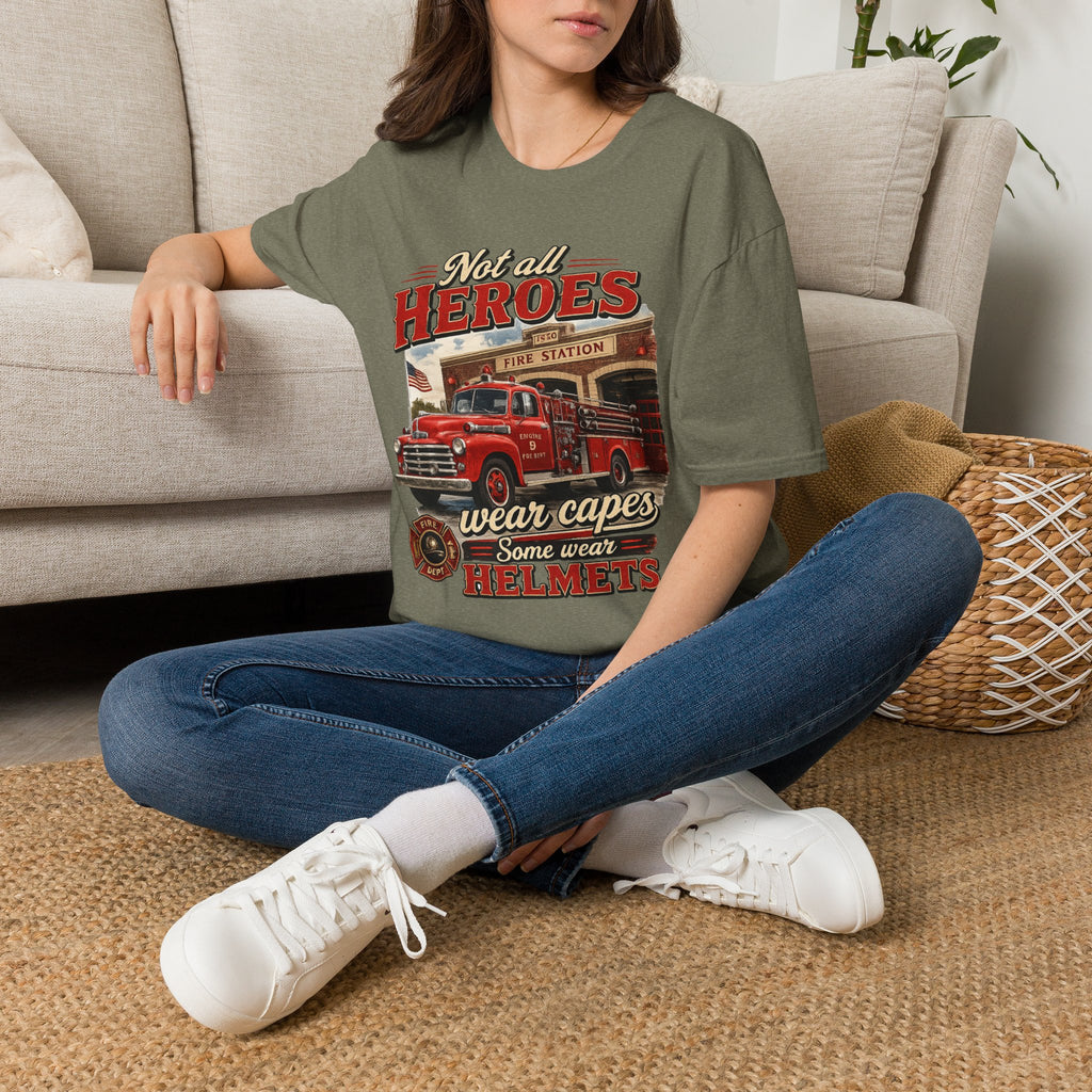 Firefighter T-Shirt — "Not All Heroes Wear Capes, Some Wear Helmets" Vintage Fire Truck Tee