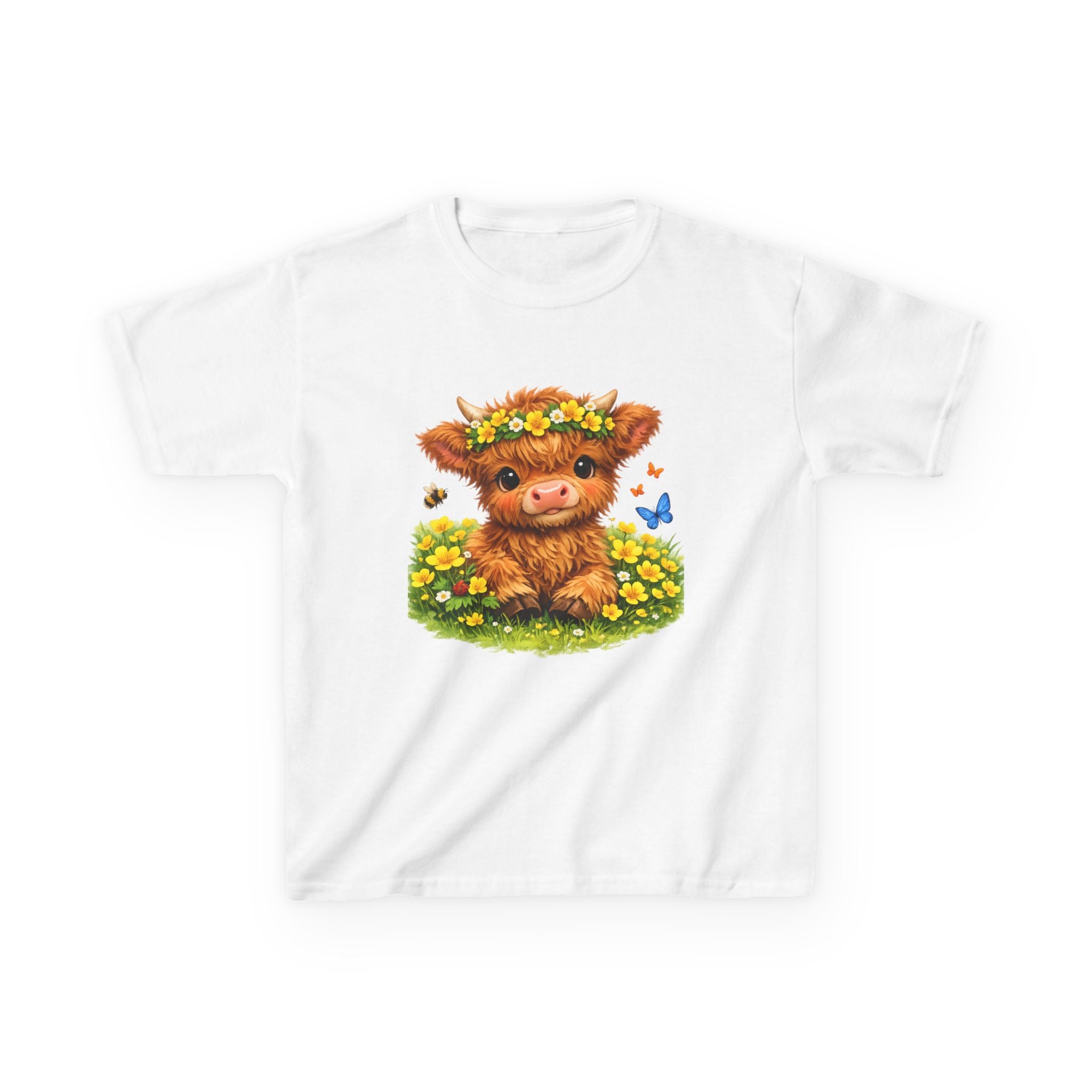 Cute Highland Calf Kids T‑Shirt — Floral Crown, Butterflies & Sunshine Tee