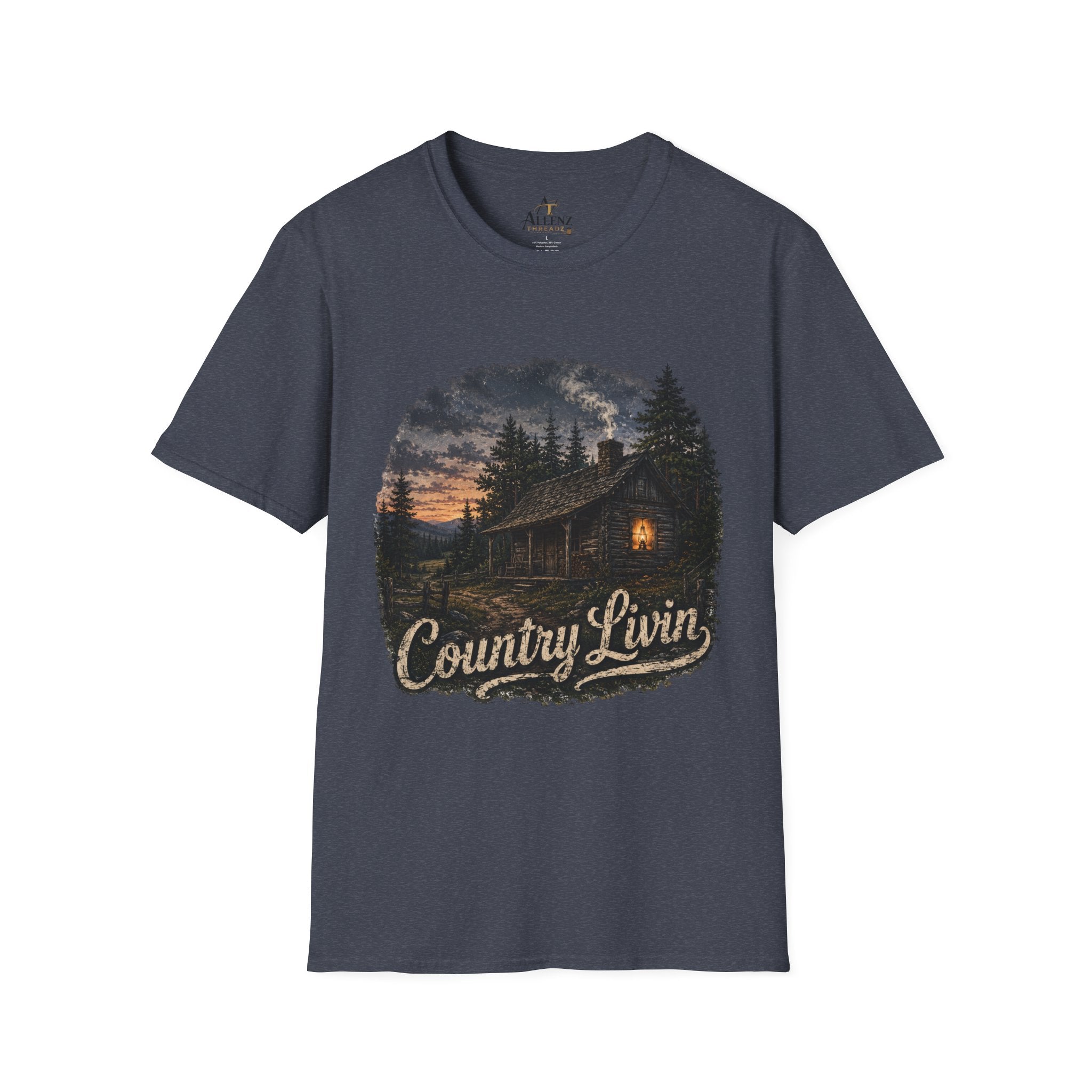 Country Livin' Cabin T‑Shirt — Rustic Sunset Woodlands Graphic Tee
