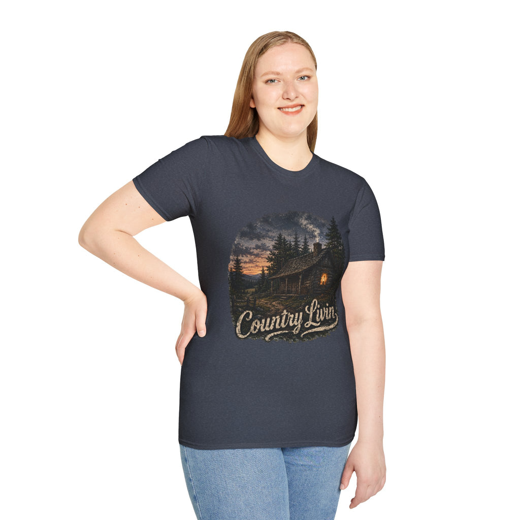 Country Livin' Cabin T‑Shirt — Rustic Sunset Woodlands Graphic Tee
