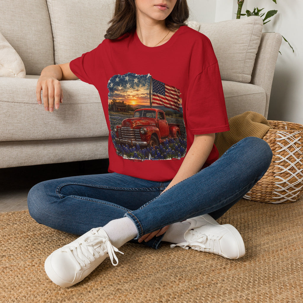 American Vintage Truck T-Shirt — Flag Sunset Patriotic Tee