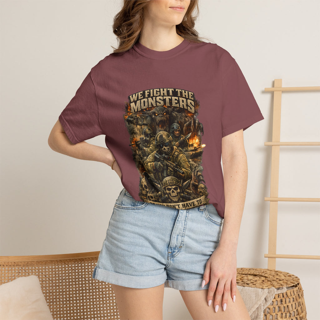 We Fight the Monsters Graphic T-Shirt — Military Fantasy Combat Design