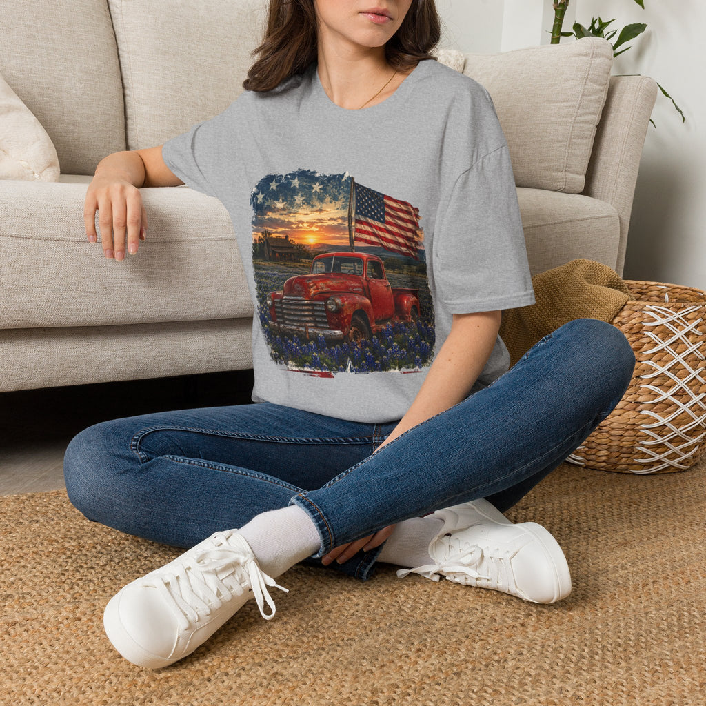 American Vintage Truck T-Shirt — Flag Sunset Patriotic Tee