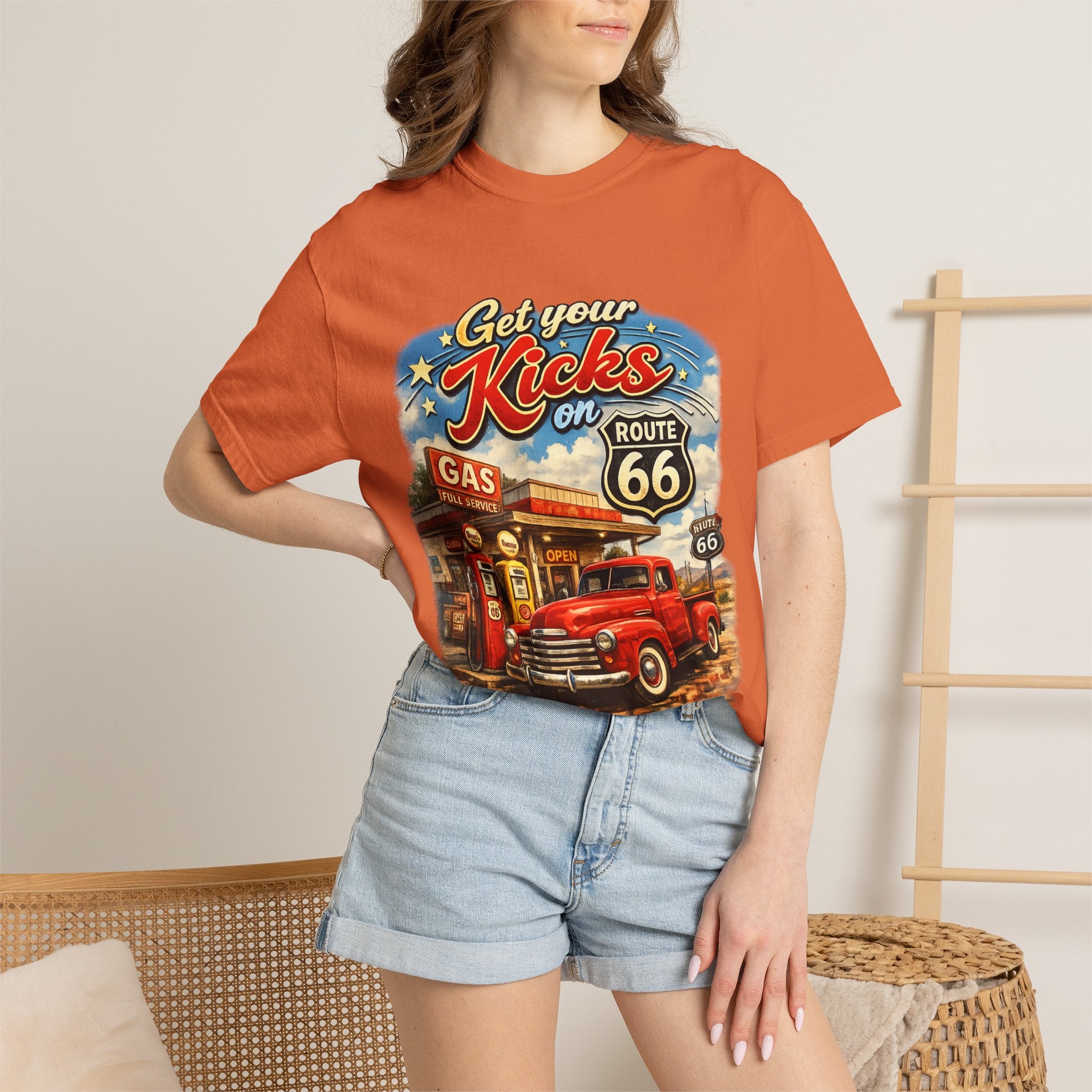 Route 66 Retro T-Shirt — "Get Your Kicks on Route 66" Vintage Gas Station Tee