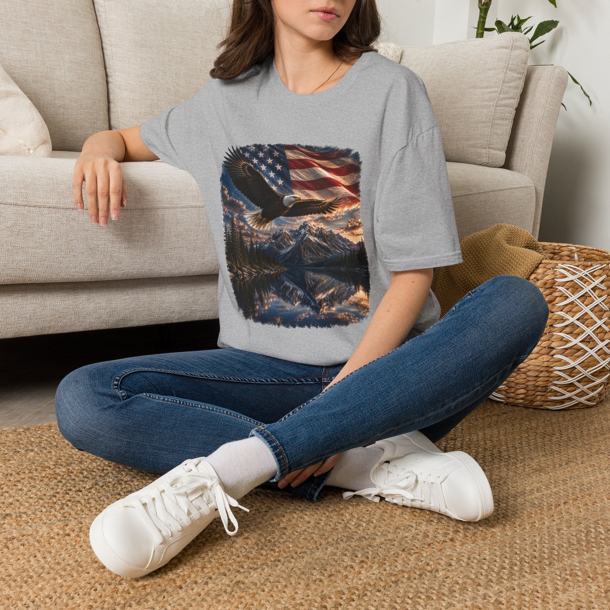 American Eagle Flag T-Shirt — Patriotic Bald Eagle & Mountain Scenery Tee