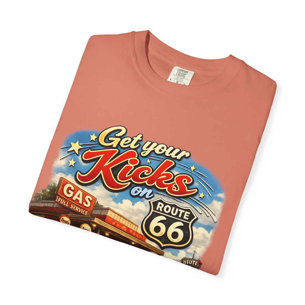 Route 66 Retro T-Shirt — "Get Your Kicks on Route 66" Vintage Gas Station Tee