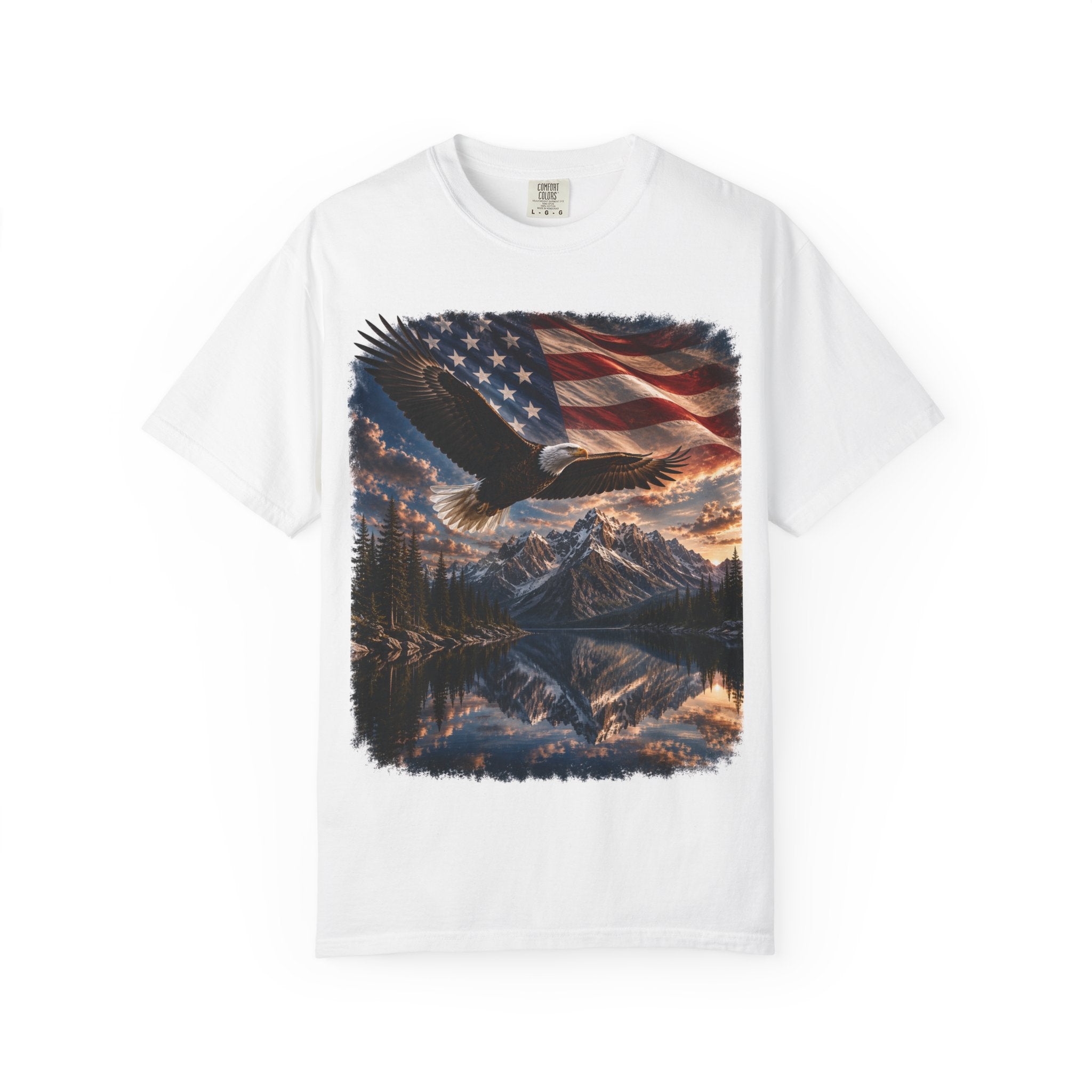 Bald Eagle Over Mountain Lake American Flag T-shirt | Patriotic Nature Scene