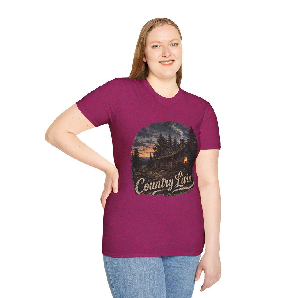 Country Livin' Cabin T‑Shirt — Rustic Sunset Woodlands Graphic Tee