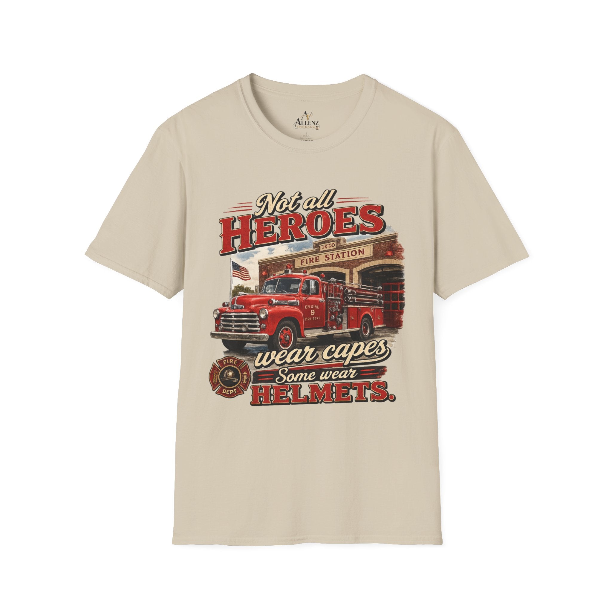 Firefighter T-Shirt — "Not All Heroes Wear Capes, Some Wear Helmets" Vintage Fire Truck Tee