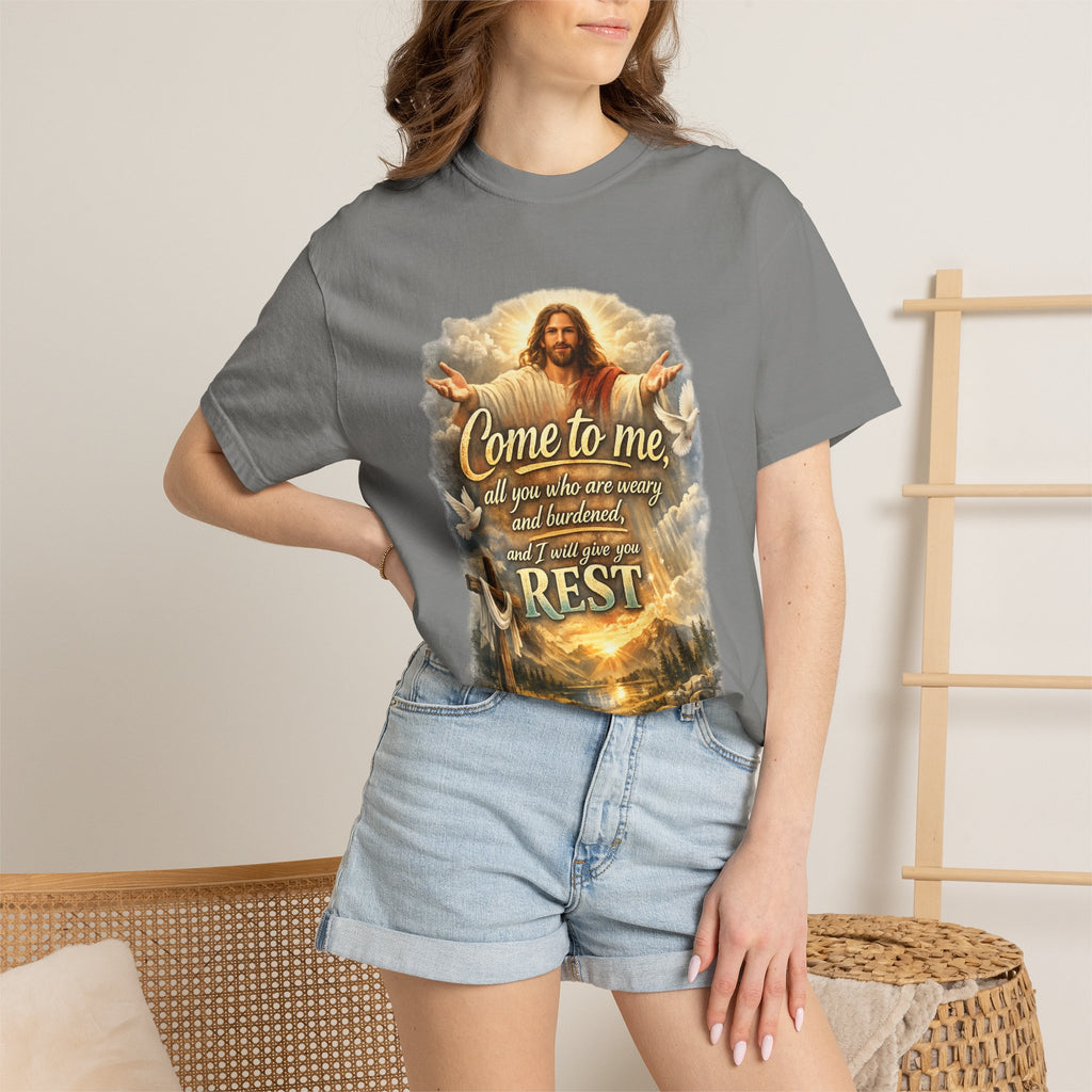 Come to Me Christian T-Shirt — "Come to me... and I will give you REST" Religious Faith Tee