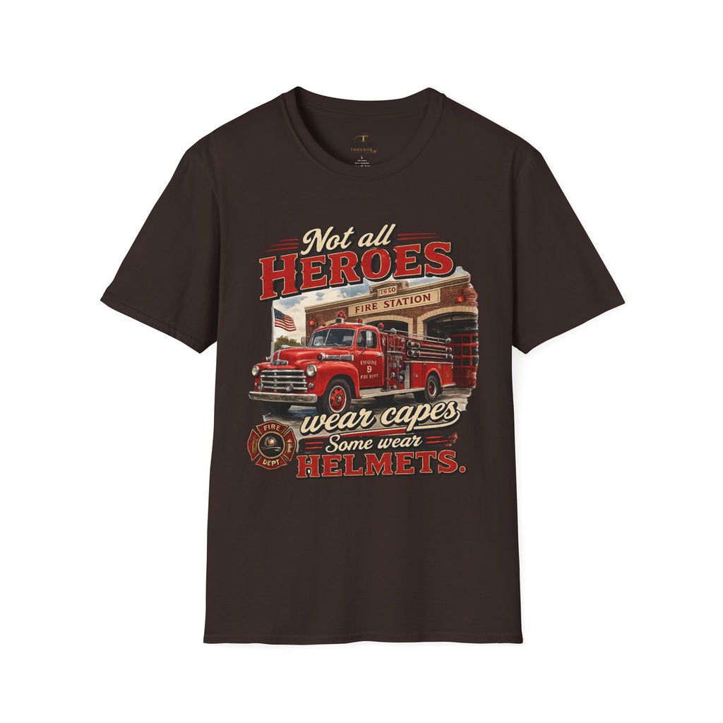 Firefighter T-Shirt — "Not All Heroes Wear Capes, Some Wear Helmets" Vintage Fire Truck Tee