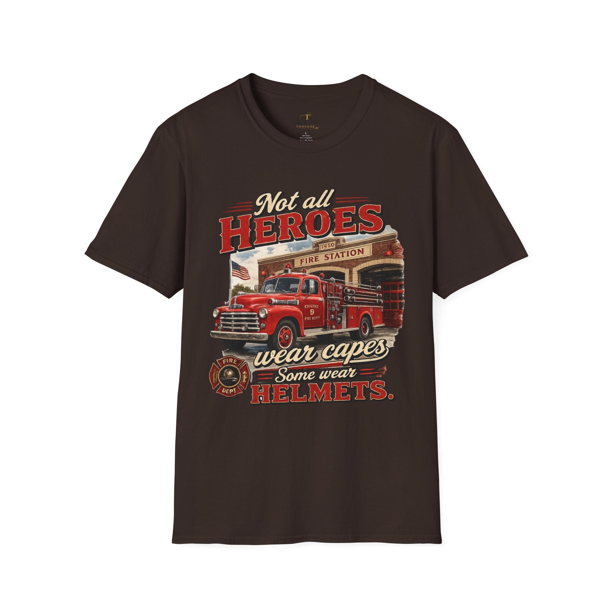 Firefighter T-Shirt — "Not All Heroes Wear Capes, Some Wear Helmets" Vintage Fire Truck Tee