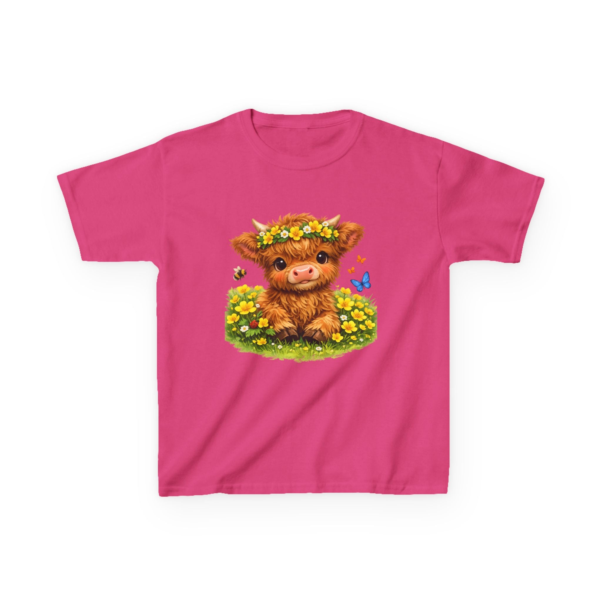 Cute Highland Calf Kids T‑Shirt — Floral Crown, Butterflies & Sunshine Tee
