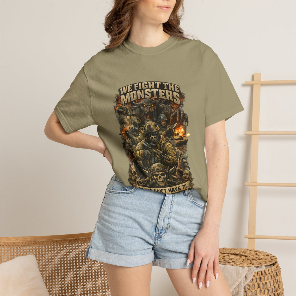 We Fight the Monsters Graphic T-Shirt — Military Fantasy Combat Design
