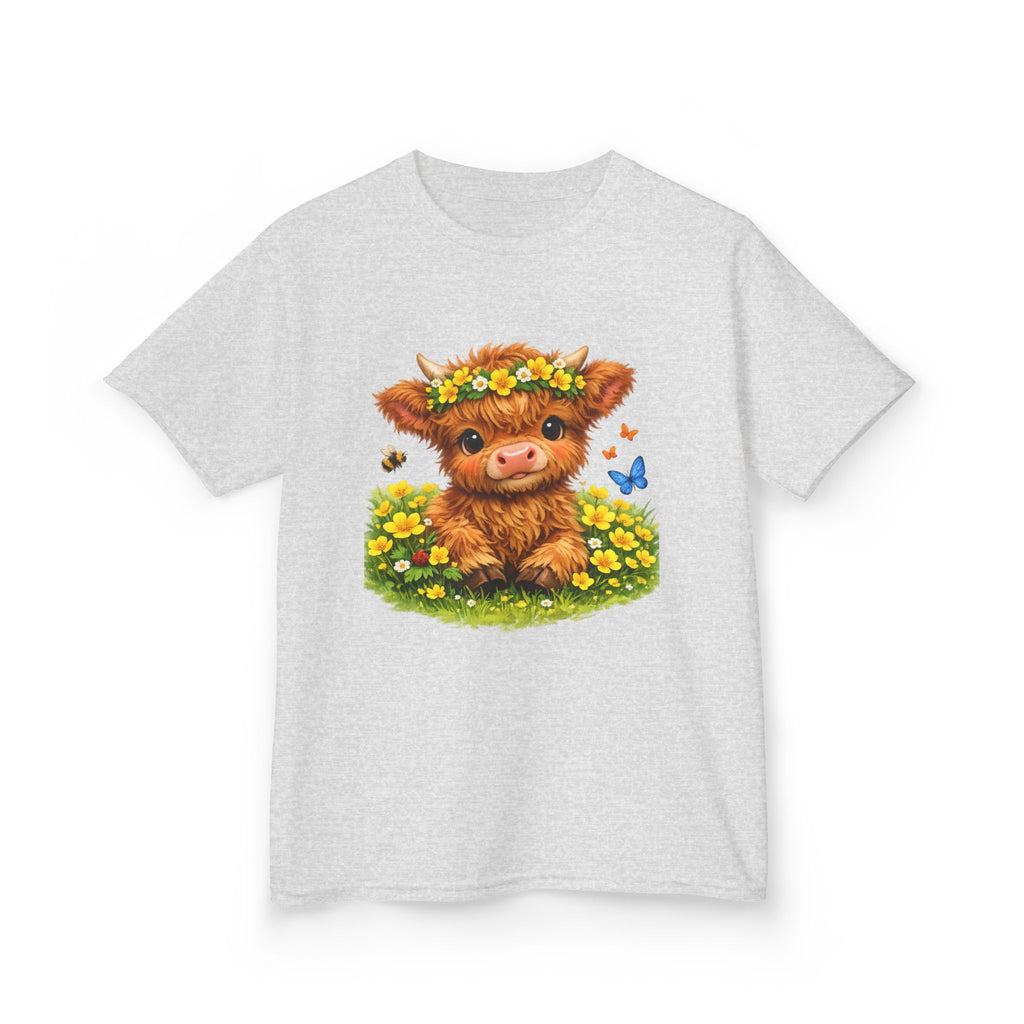 Cute Highland Calf Kids T‑Shirt — Floral Crown, Butterflies & Sunshine Tee