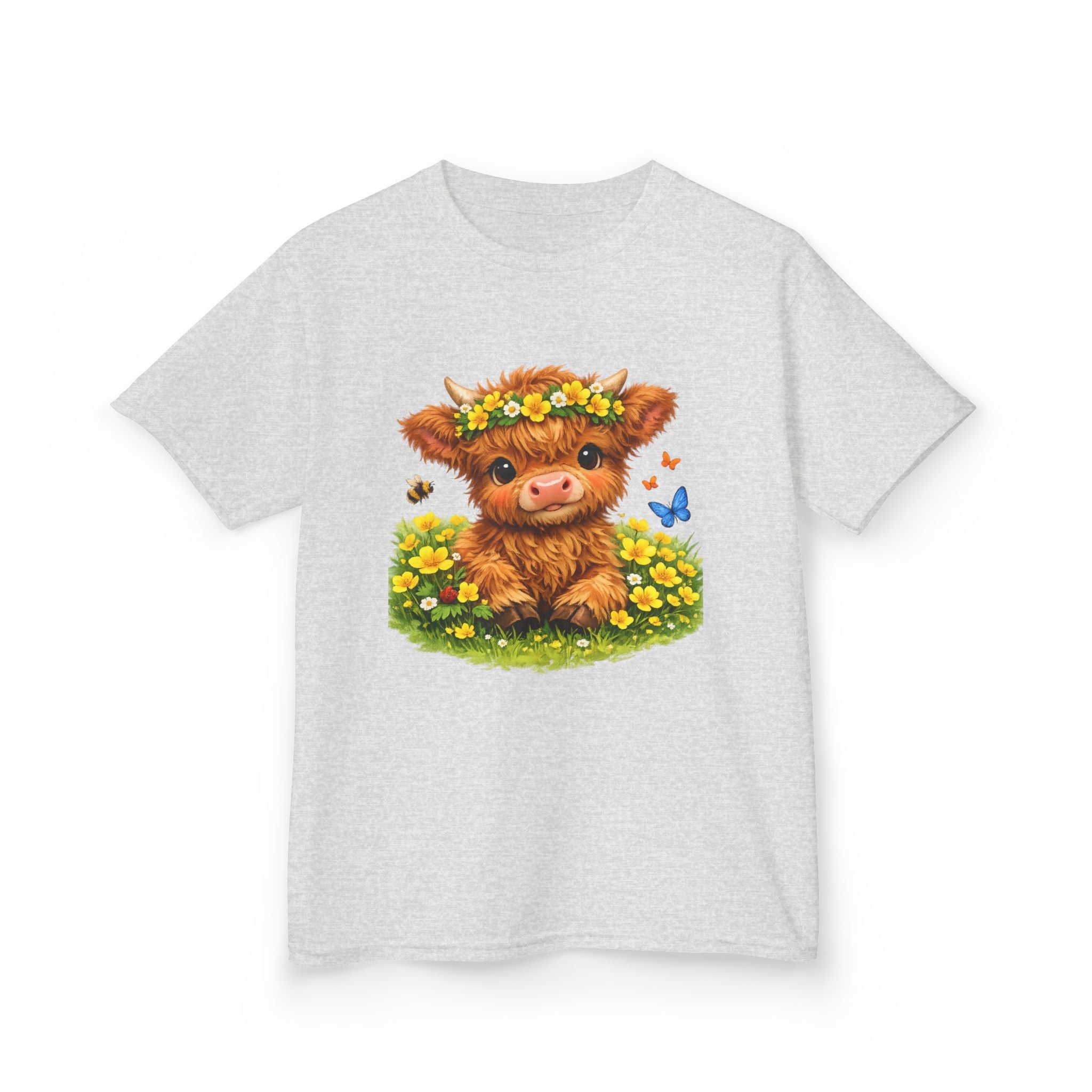 Cute Highland Calf Kids T‑Shirt — Floral Crown, Butterflies & Sunshine Tee