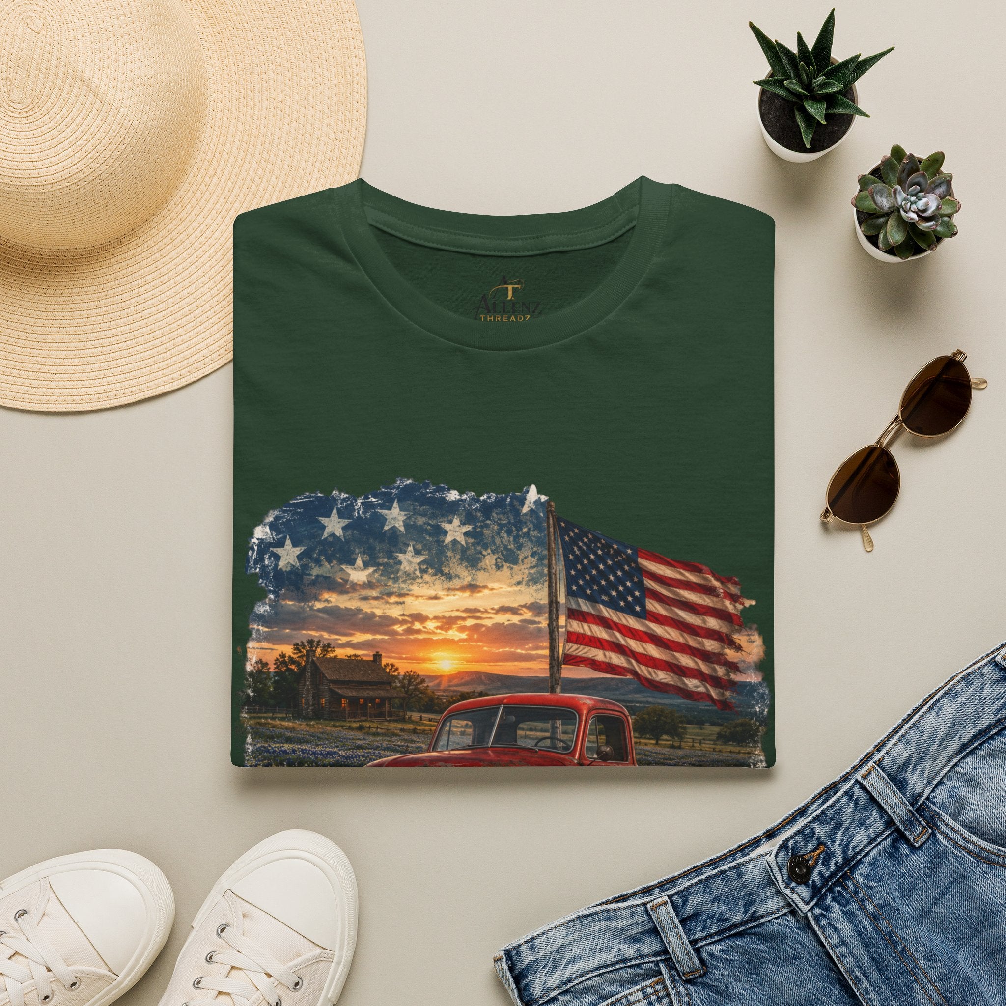 American Vintage Truck T-Shirt — Flag Sunset Patriotic Tee