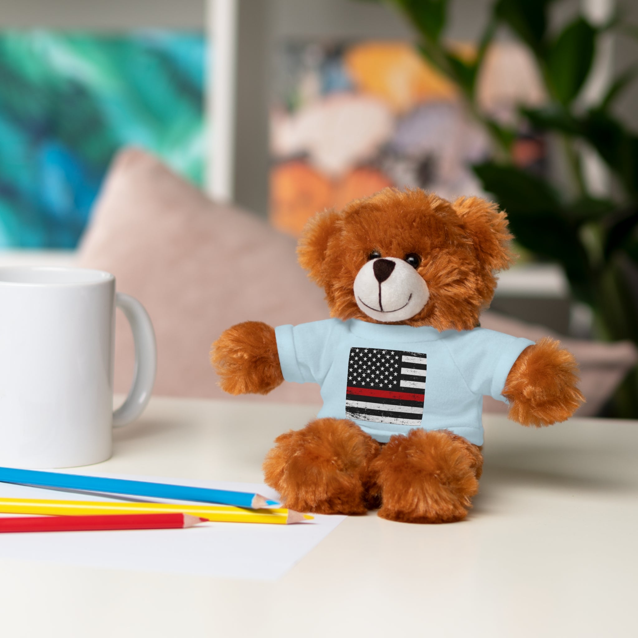 Kids Stuffed Animal with Thin Red line flag Tee