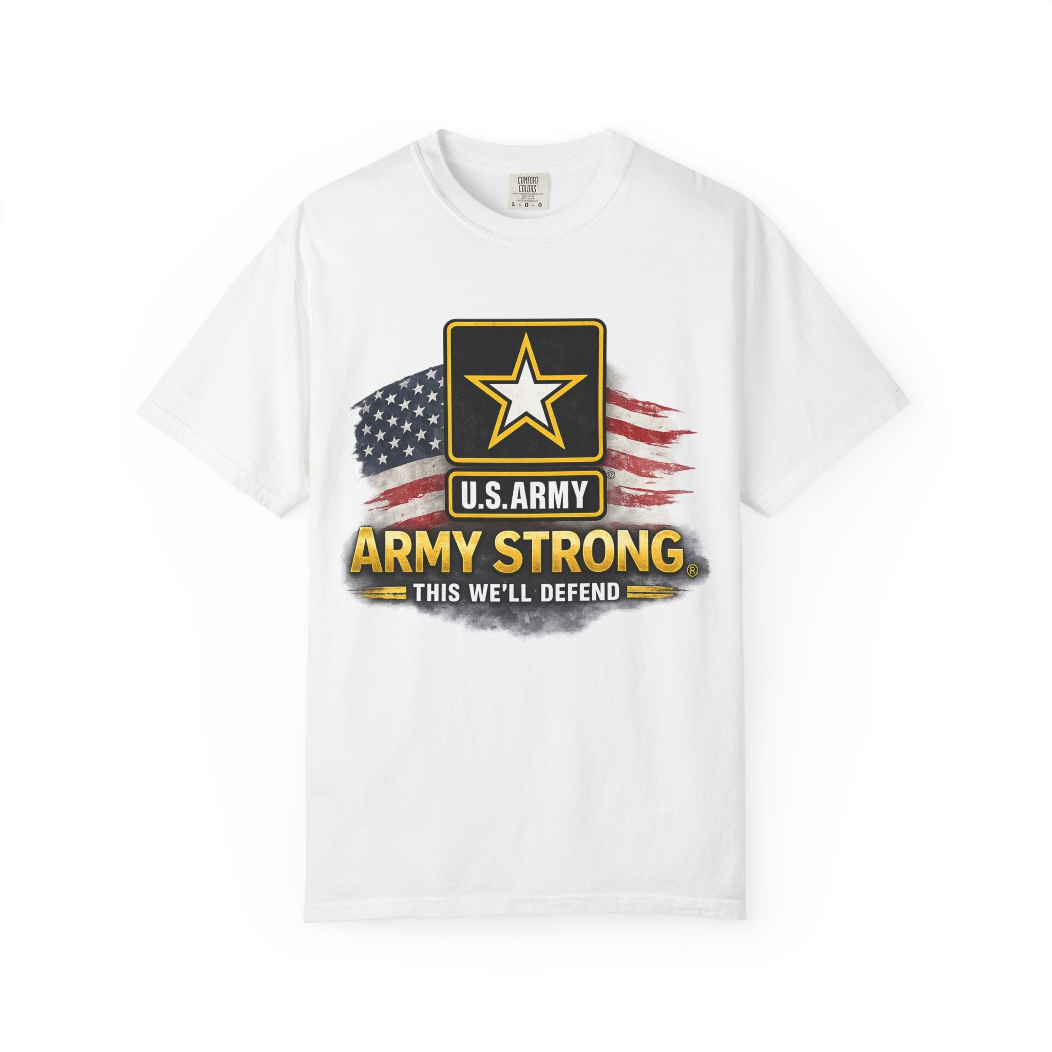 Army Strong T‑Shirt — U.S. Army Logo with American Flag ("This We'll Defend")