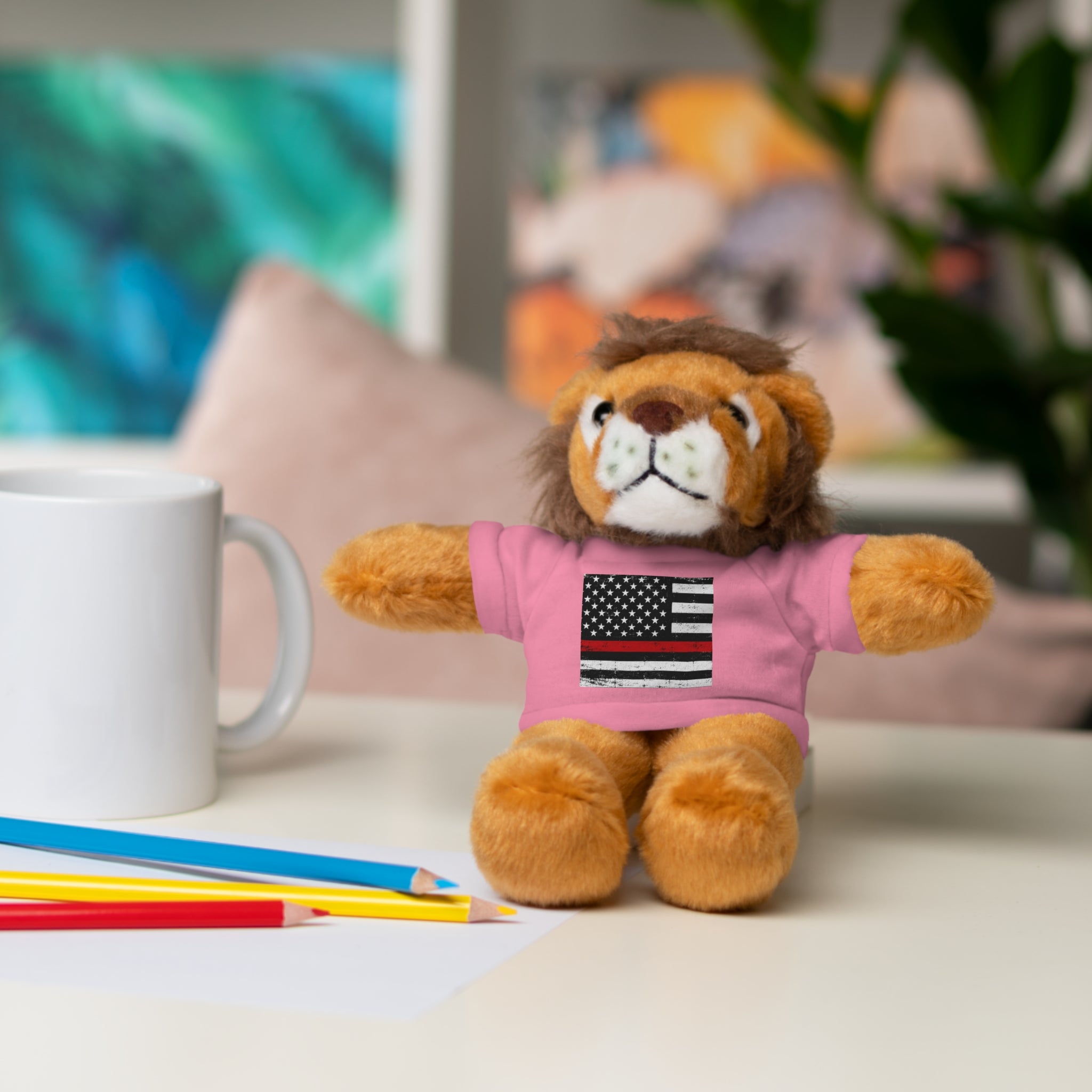Kids Stuffed Animal with Thin Red line flag Tee