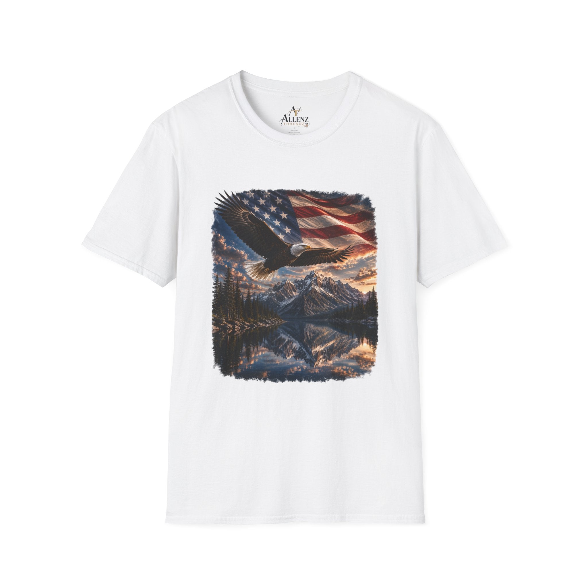 American Eagle Flag T-Shirt — Patriotic Bald Eagle & Mountain Scenery Tee