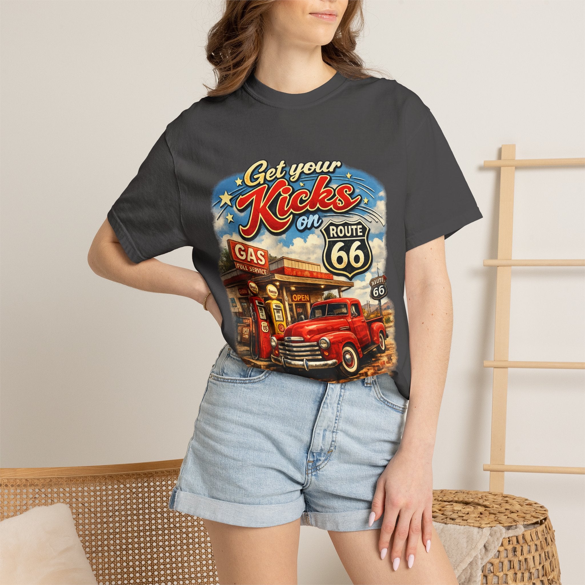Route 66 Retro T-Shirt — "Get Your Kicks on Route 66" Vintage Gas Station Tee