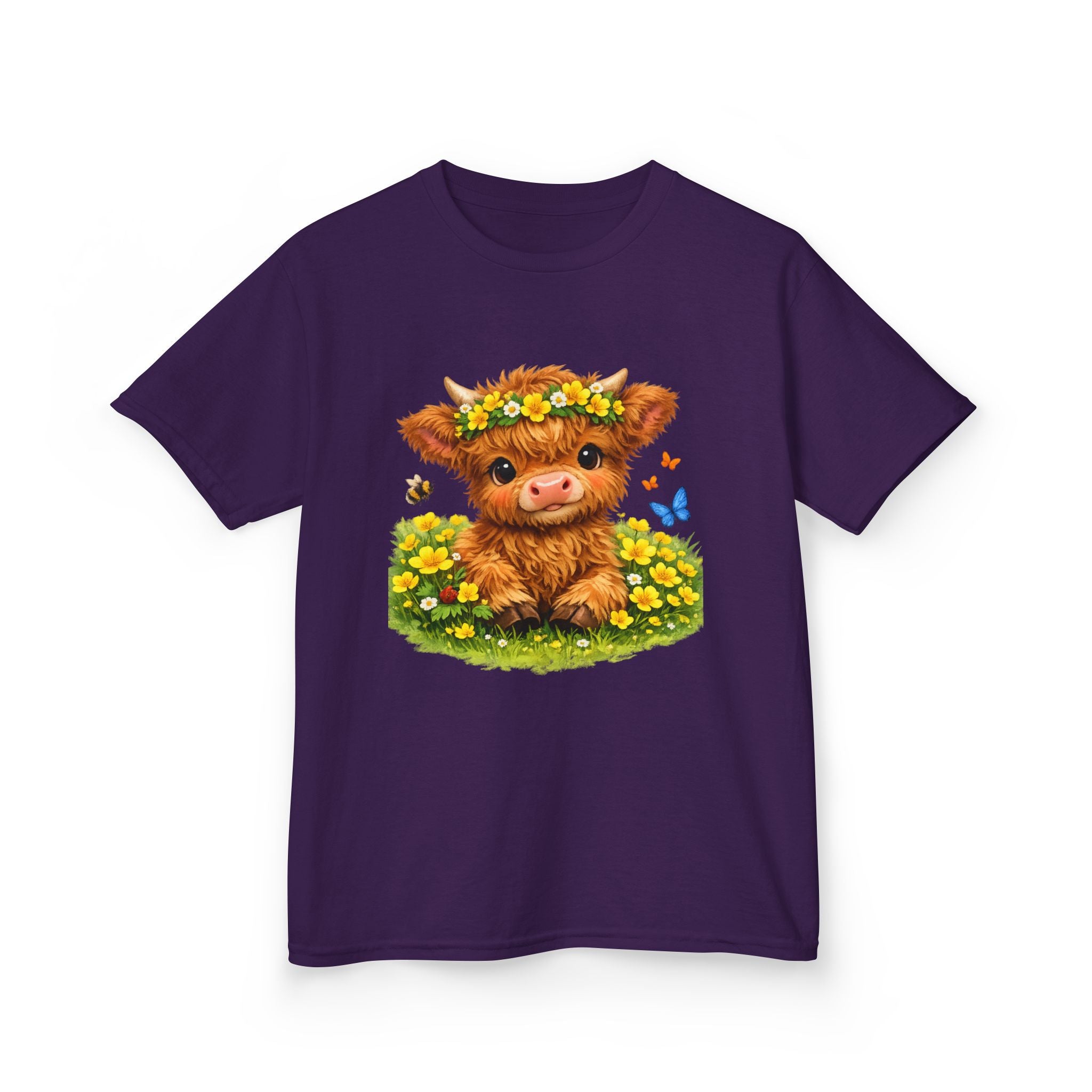 Cute Highland Calf Kids T‑Shirt — Floral Crown, Butterflies & Sunshine Tee