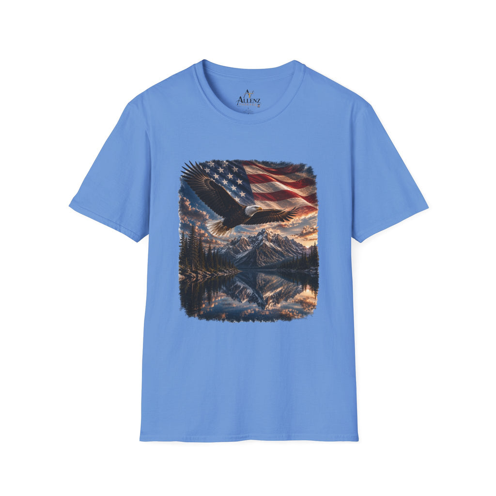 American Eagle Flag T-Shirt — Patriotic Bald Eagle & Mountain Scenery Tee