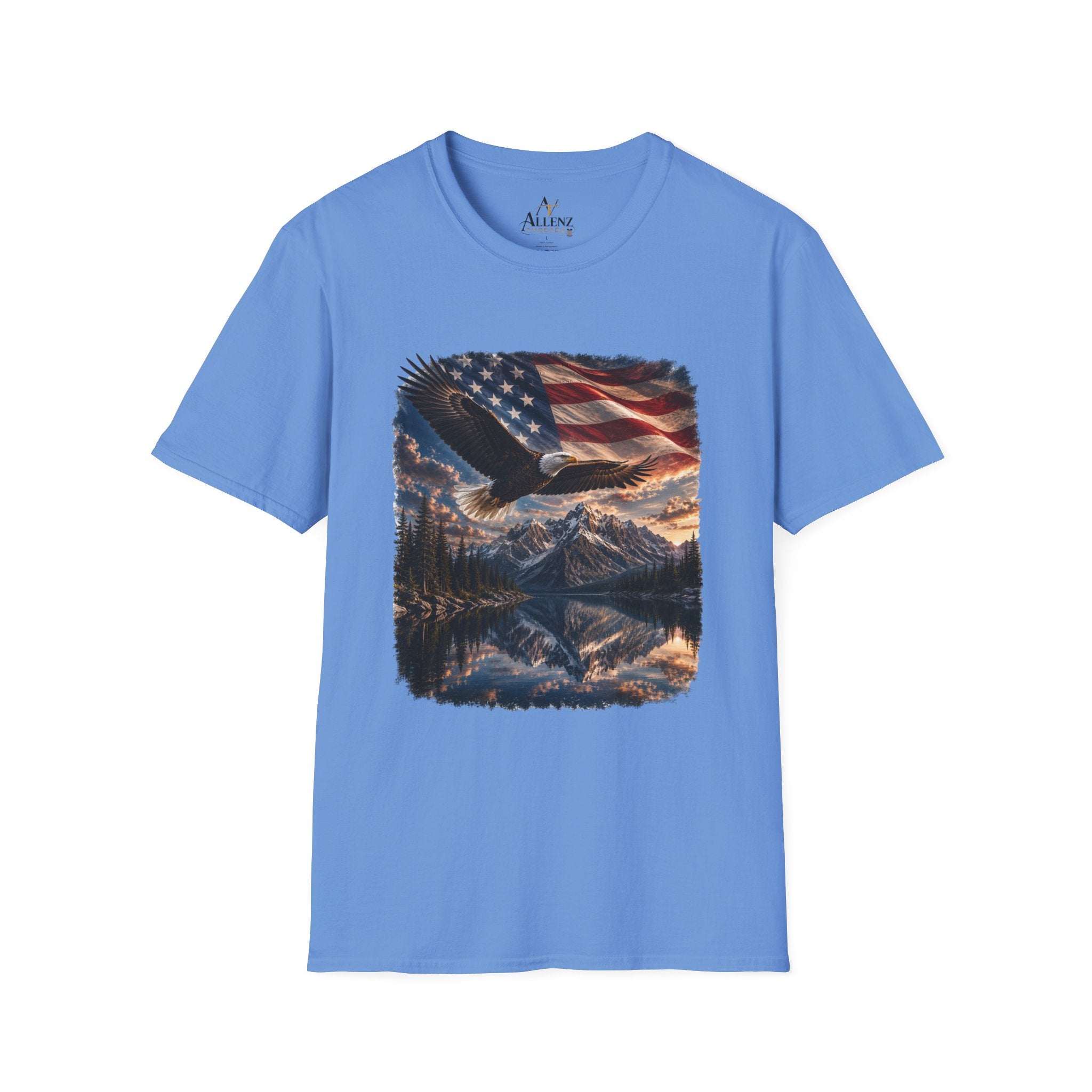 American Eagle Flag T-Shirt — Patriotic Bald Eagle & Mountain Scenery Tee