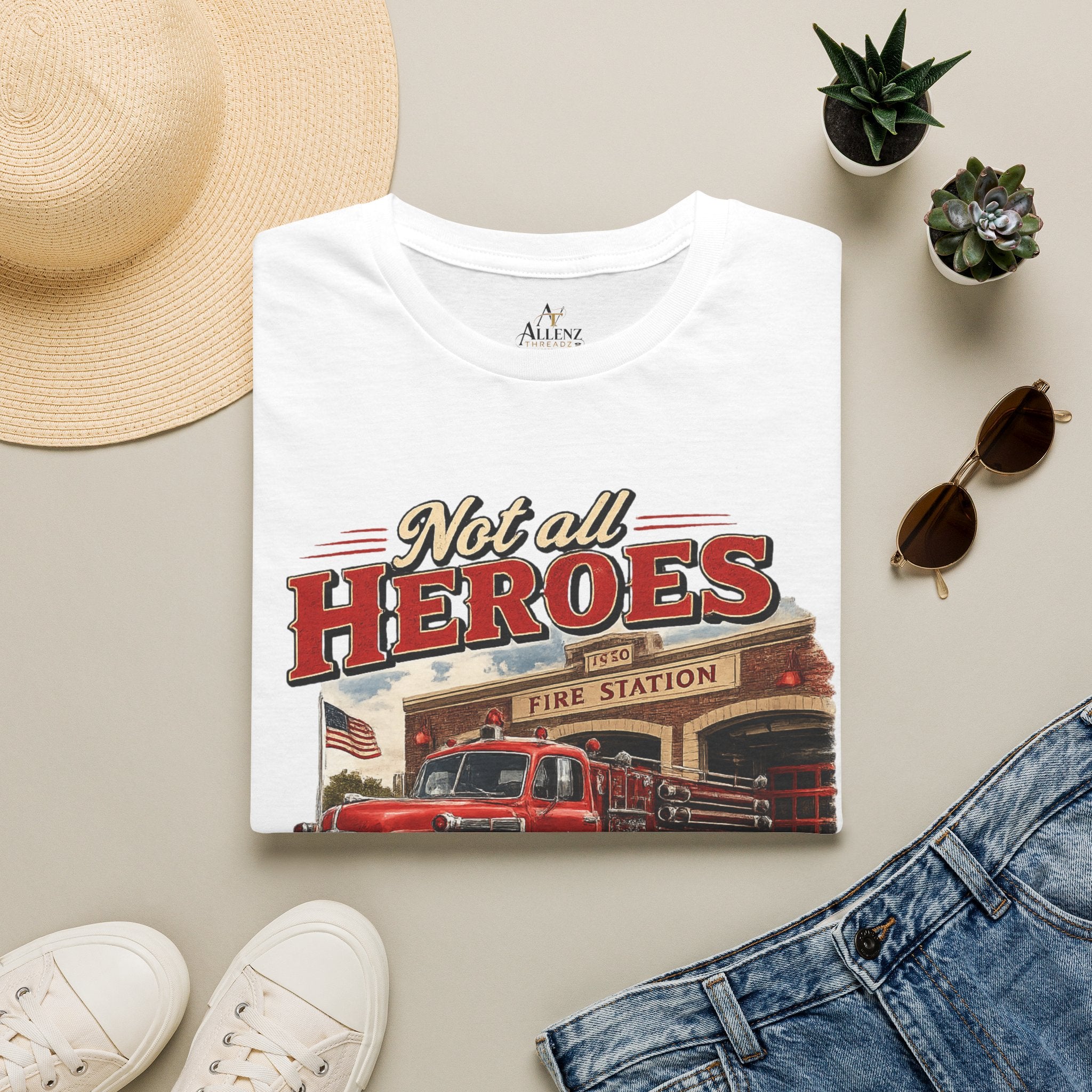 Firefighter T-Shirt — "Not All Heroes Wear Capes, Some Wear Helmets" Vintage Fire Truck Tee