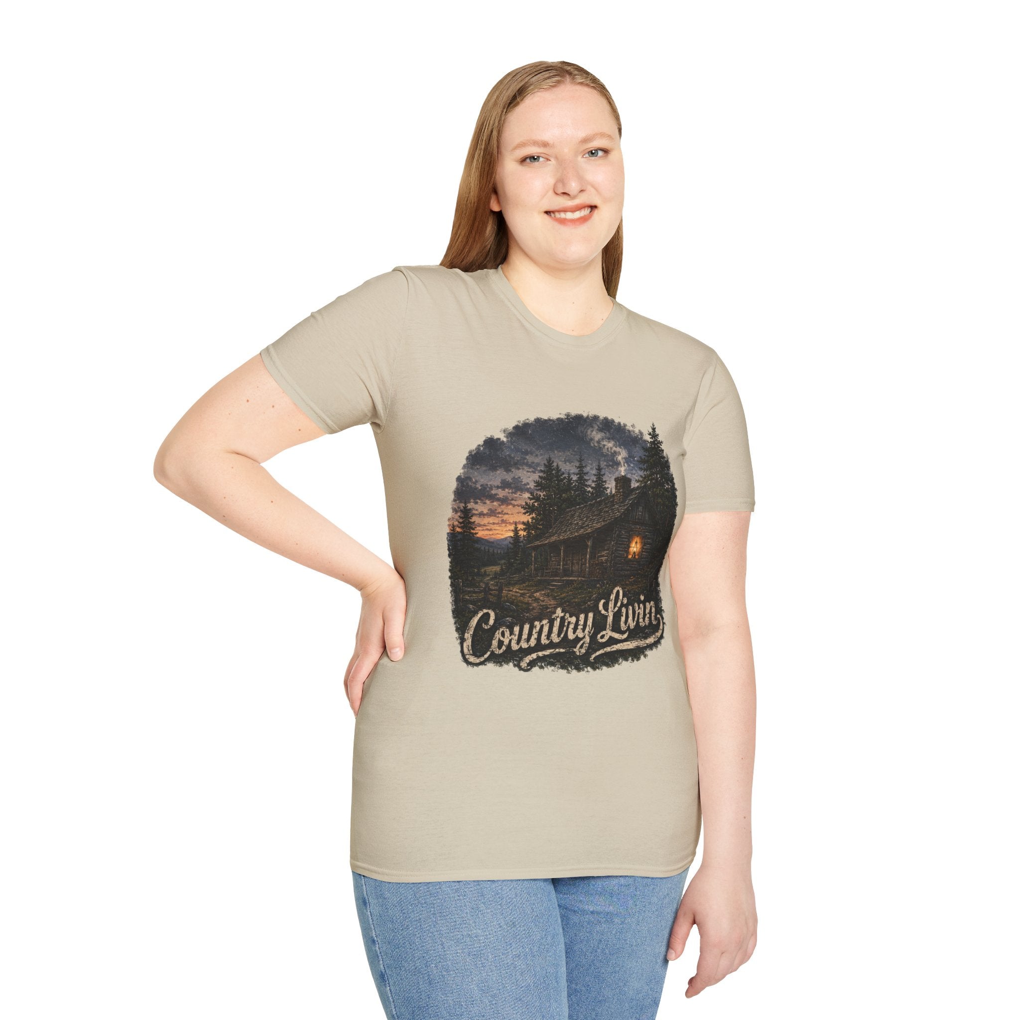 Country Livin' Cabin T‑Shirt — Rustic Sunset Woodlands Graphic Tee