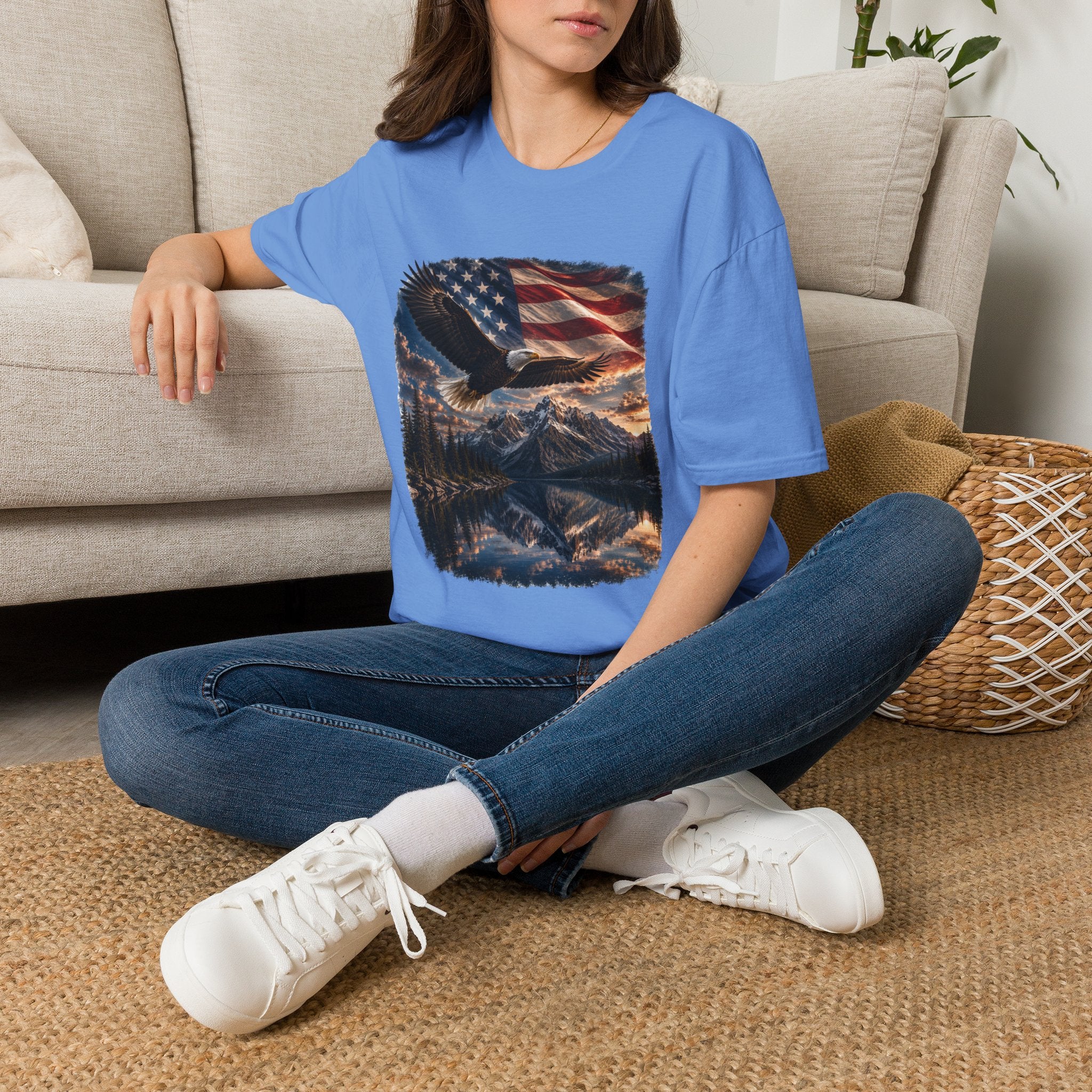 American Eagle Flag T-Shirt — Patriotic Bald Eagle & Mountain Scenery Tee