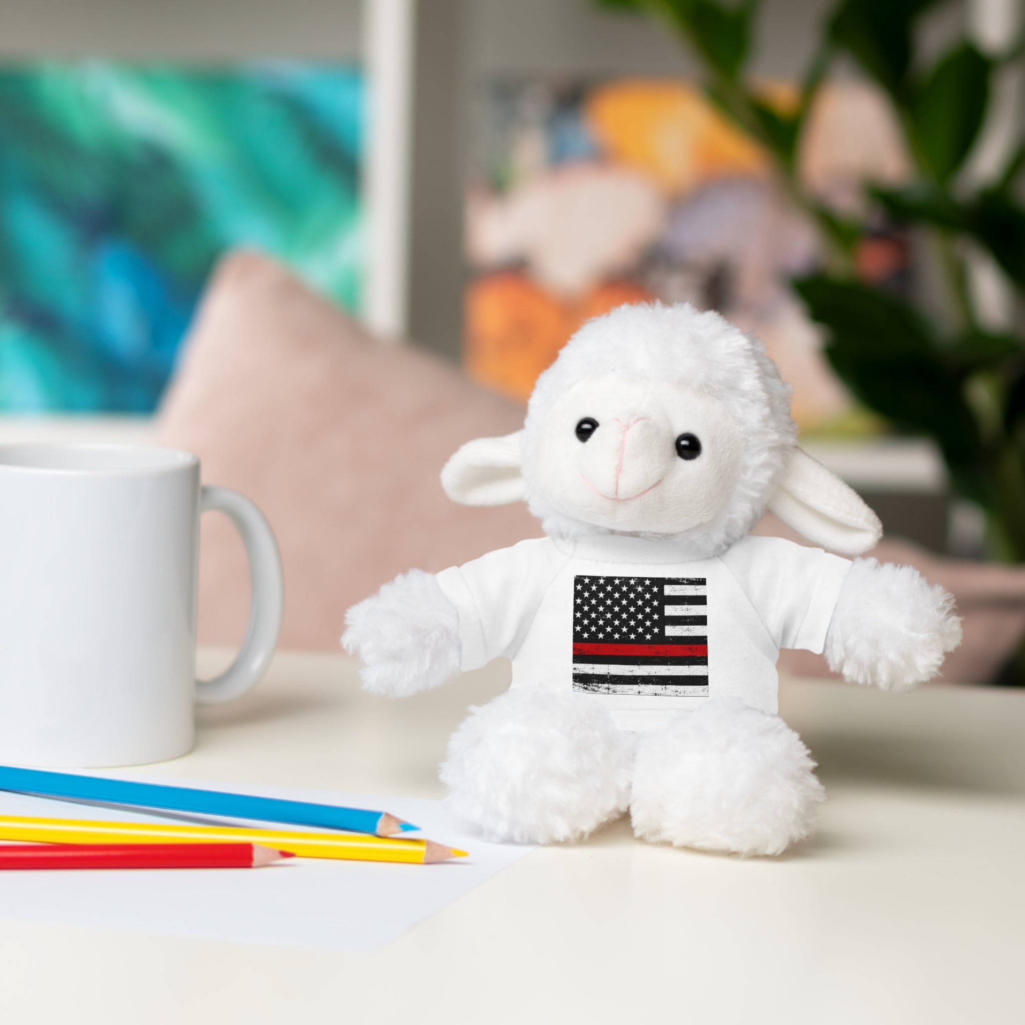 Kids Stuffed Animal with Thin Red line flag Tee