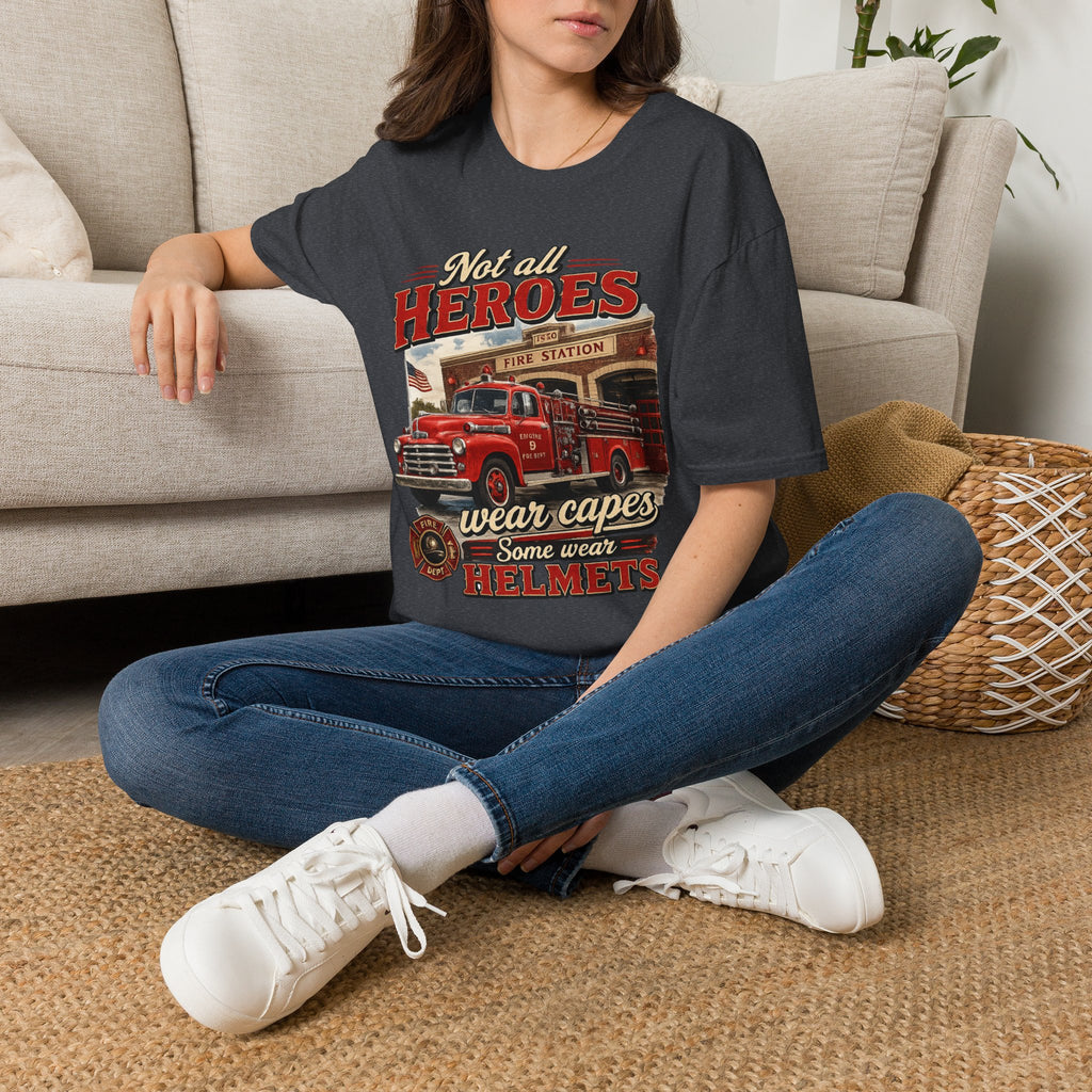 Firefighter T-Shirt — "Not All Heroes Wear Capes, Some Wear Helmets" Vintage Fire Truck Tee