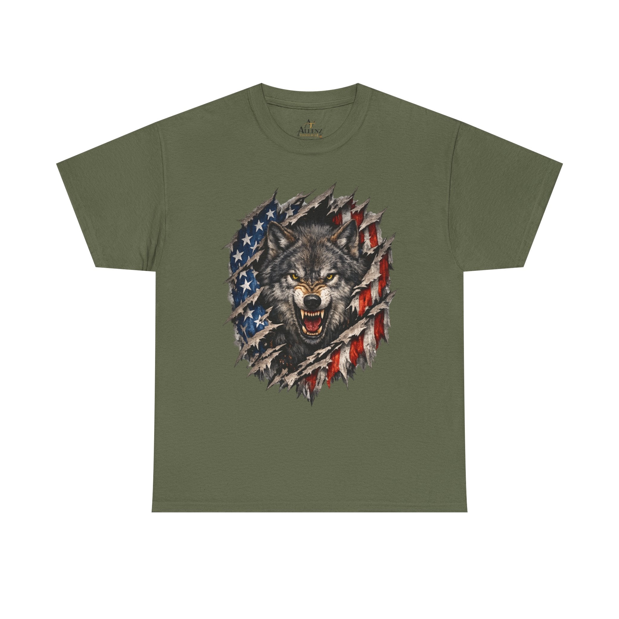 Unisex Heavy Cotton Tee - American flag with wolf face