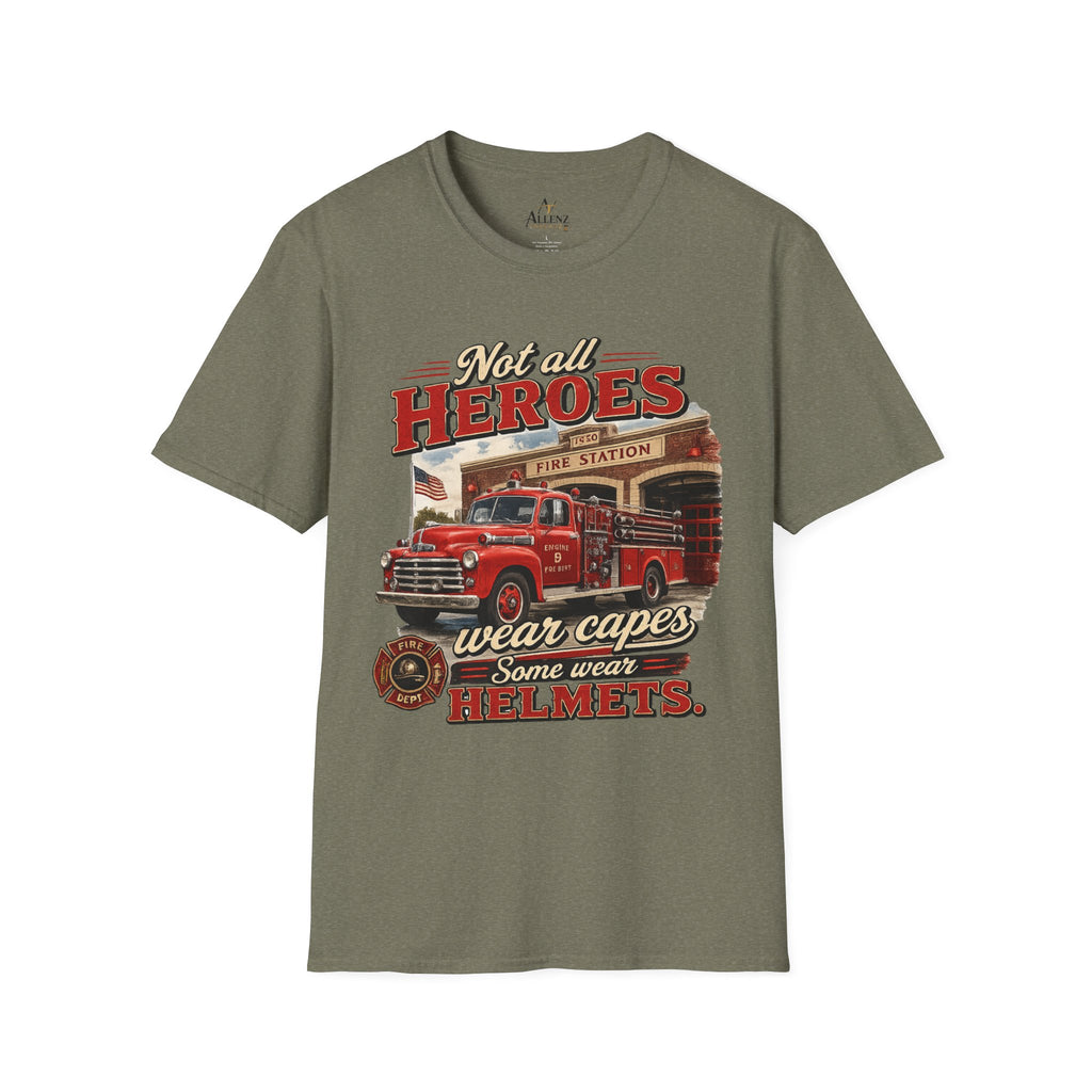 Firefighter T-Shirt — "Not All Heroes Wear Capes, Some Wear Helmets" Vintage Fire Truck Tee