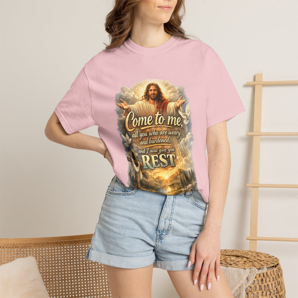 Come to Me Christian T-Shirt — "Come to me... and I will give you REST" Religious Faith Tee
