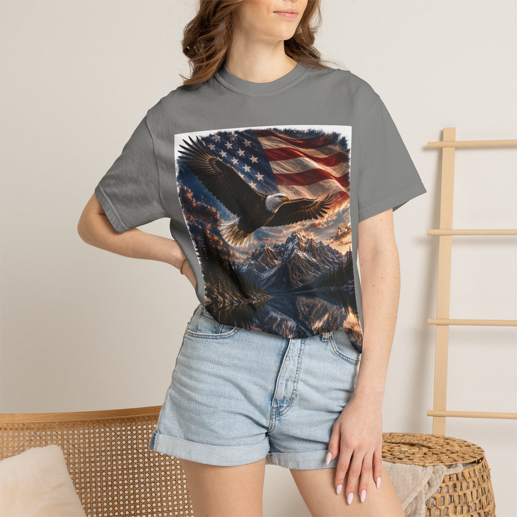 Bald Eagle Over Mountain Lake American Flag T-shirt | Patriotic Nature Scene