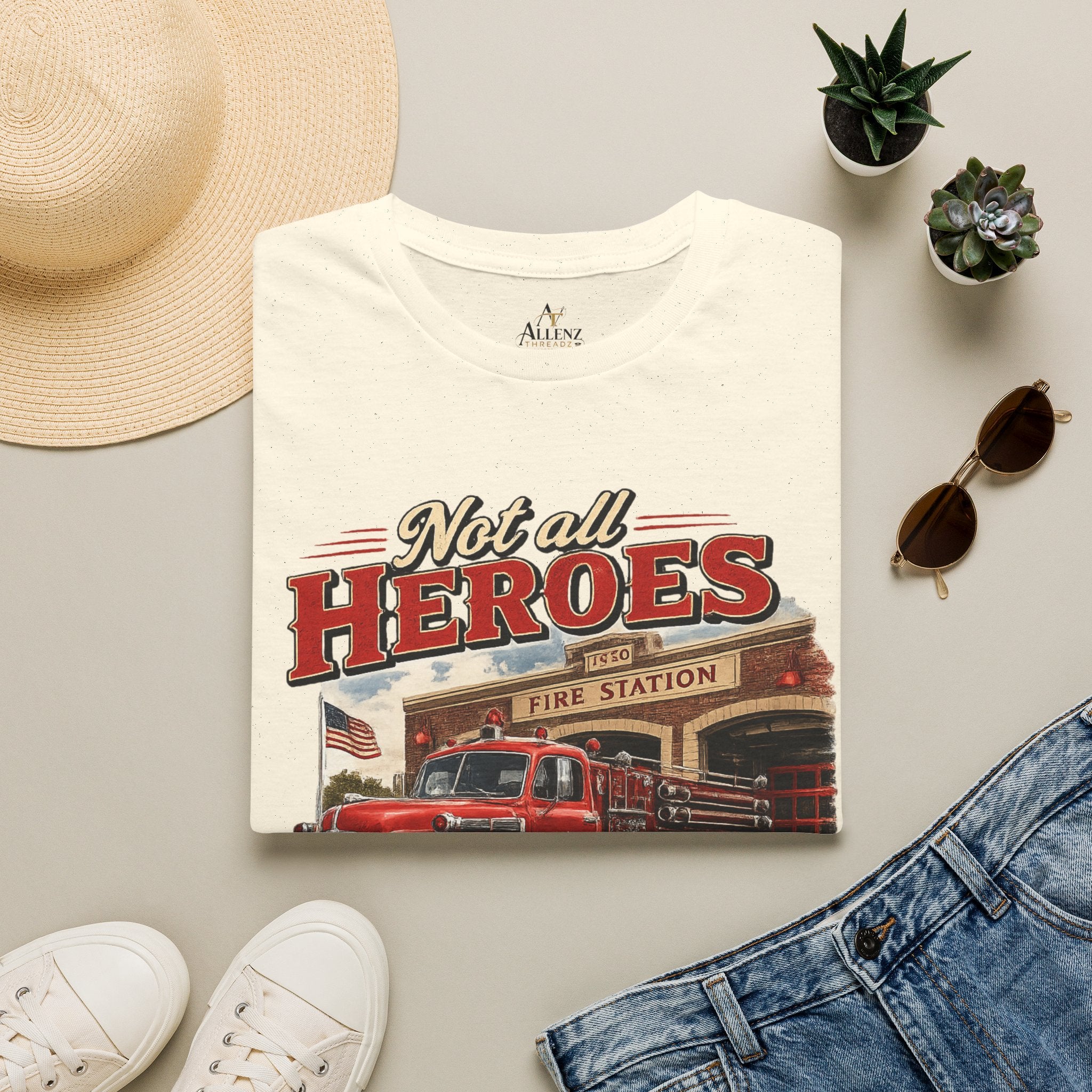 Firefighter T-Shirt — "Not All Heroes Wear Capes, Some Wear Helmets" Vintage Fire Truck Tee